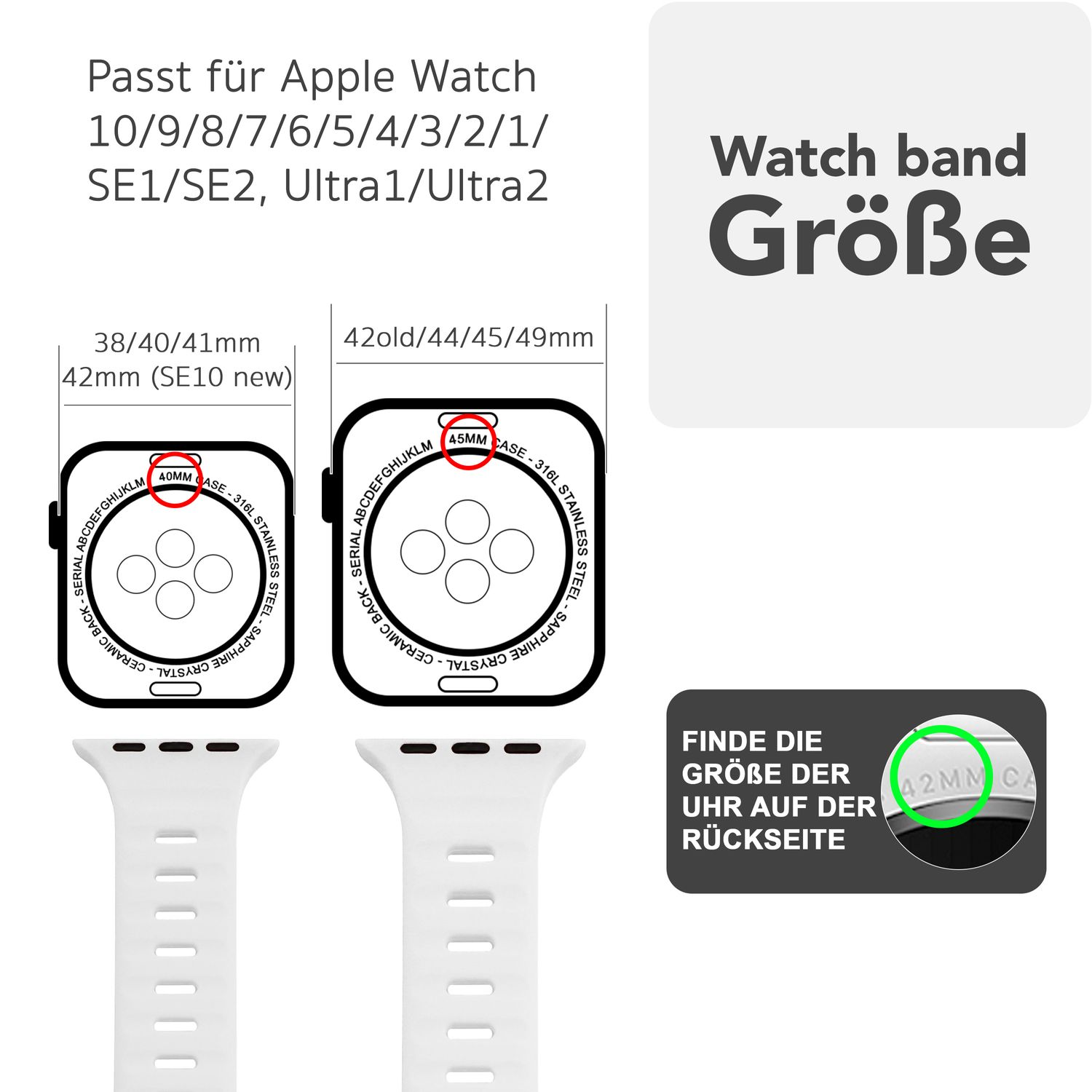 Diagramm zeigt Apple Watch-Größen, ein weißes Uhrenarmband und Text auf Deutsch.