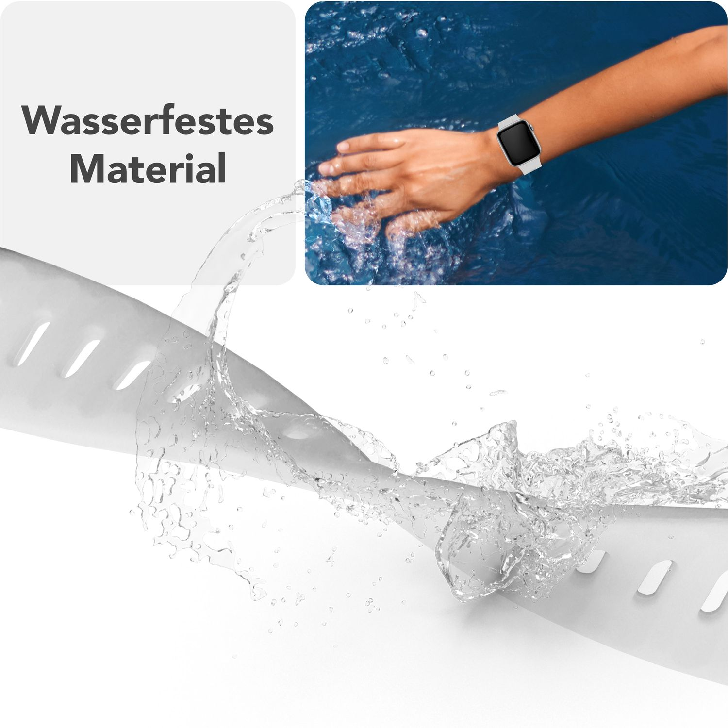 Armband mit Wasserspritzer und Hand mit Uhr. Text: Wasserdichtes Material.