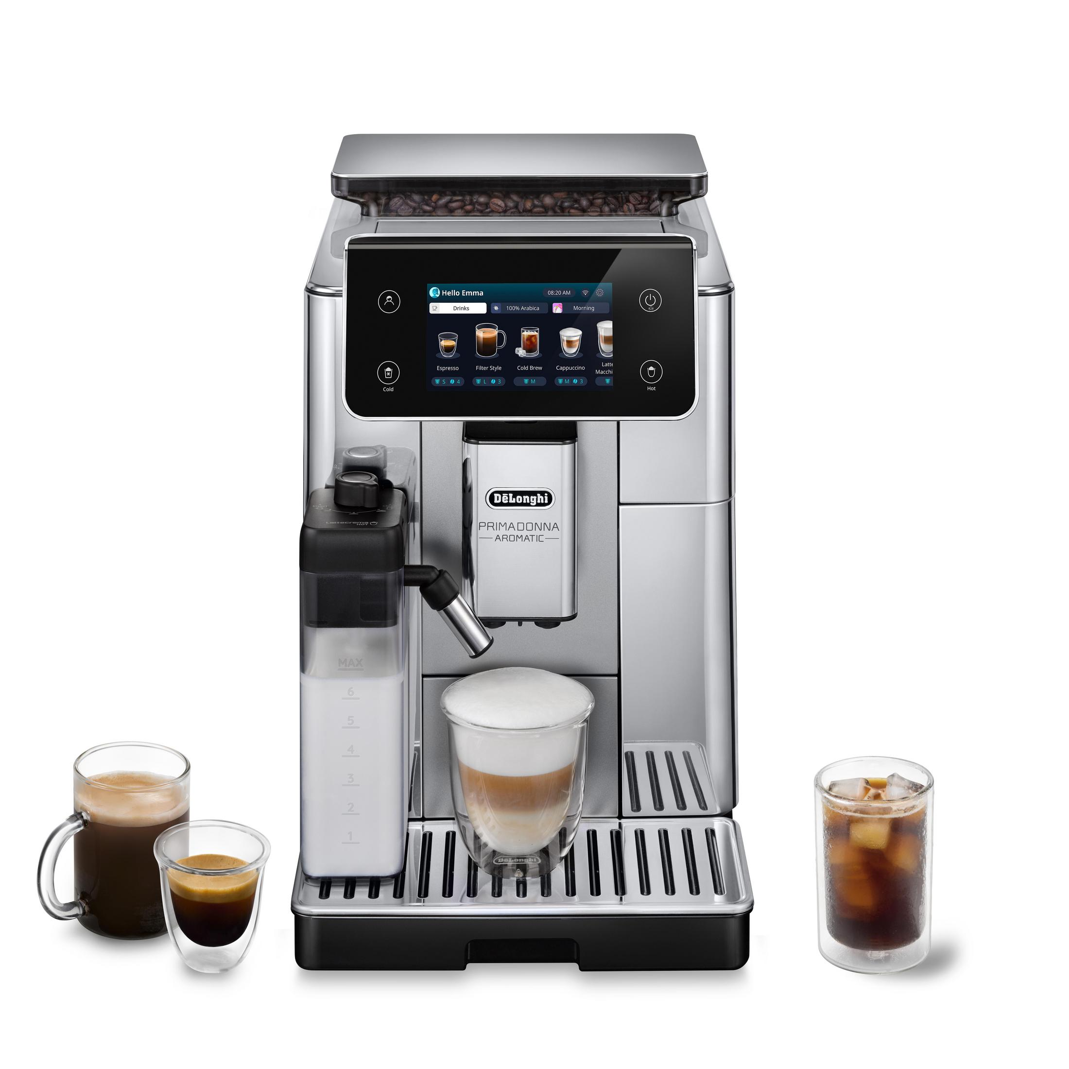 Una macchina da caffè DeLonghi con varie bevande al caffè e bicchieri.