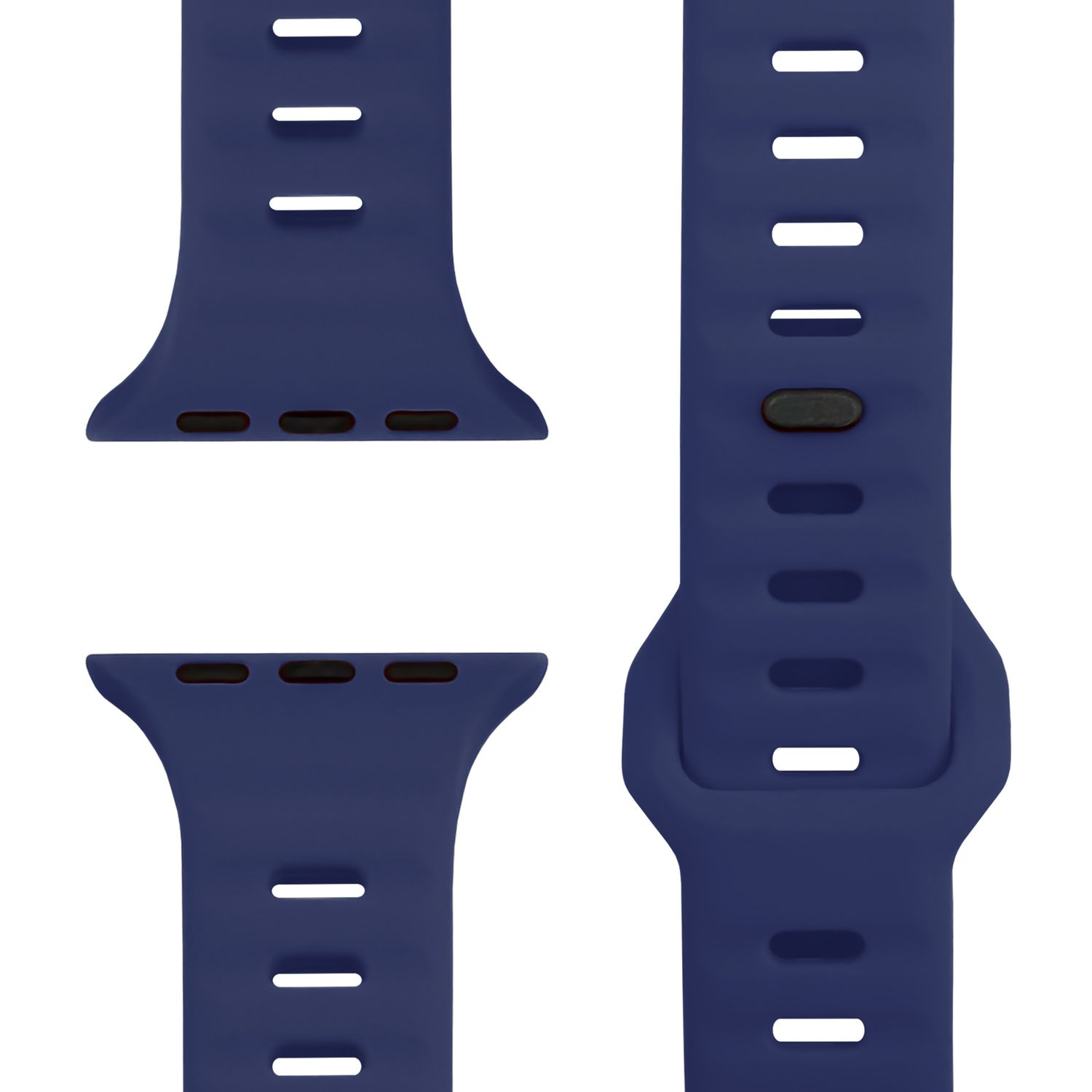 Nahaufnahme von dunkelblauen Uhrenarmbändern mit Löchern und Verbindungsteilen.