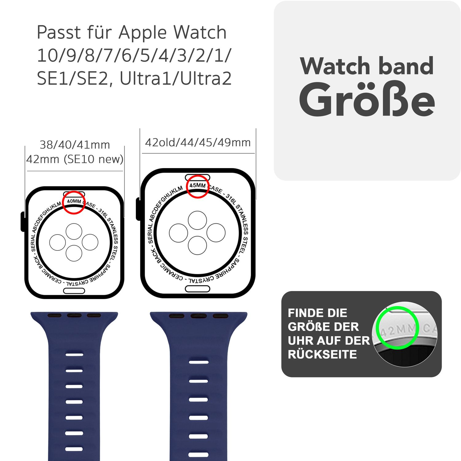 Diagramm zeigt Apple Watch-Größen, ein marineblaues Uhrenarmband und Text auf Deutsch.
