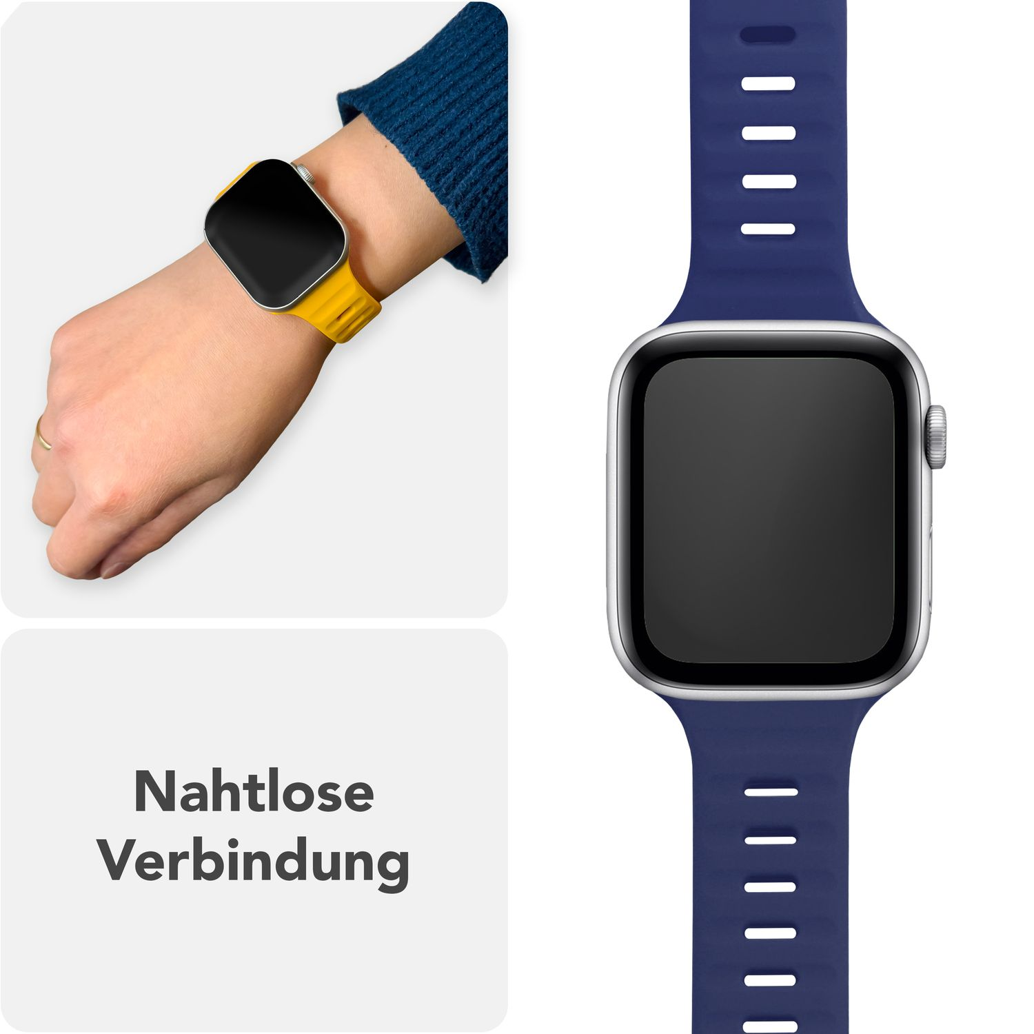 Blaues Uhrenarmband am Handgelenk und ein gelbes Armband am Handgelenk mit Smartwatch.