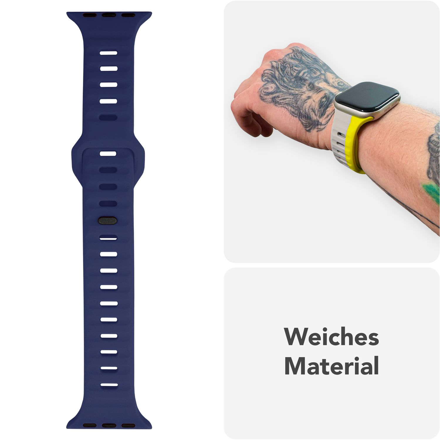 Handgelenk mit Tätowierung und gelber Uhr, blaues Uhrenarmband links. Text rechts.