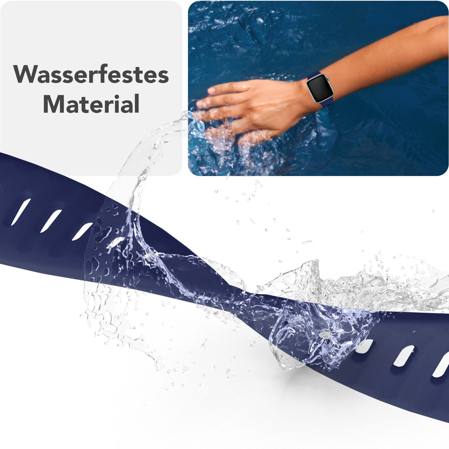 Blaues Uhrenarmband mit Wassertropfen und Hand mit Uhr unter Wasser. Text links.