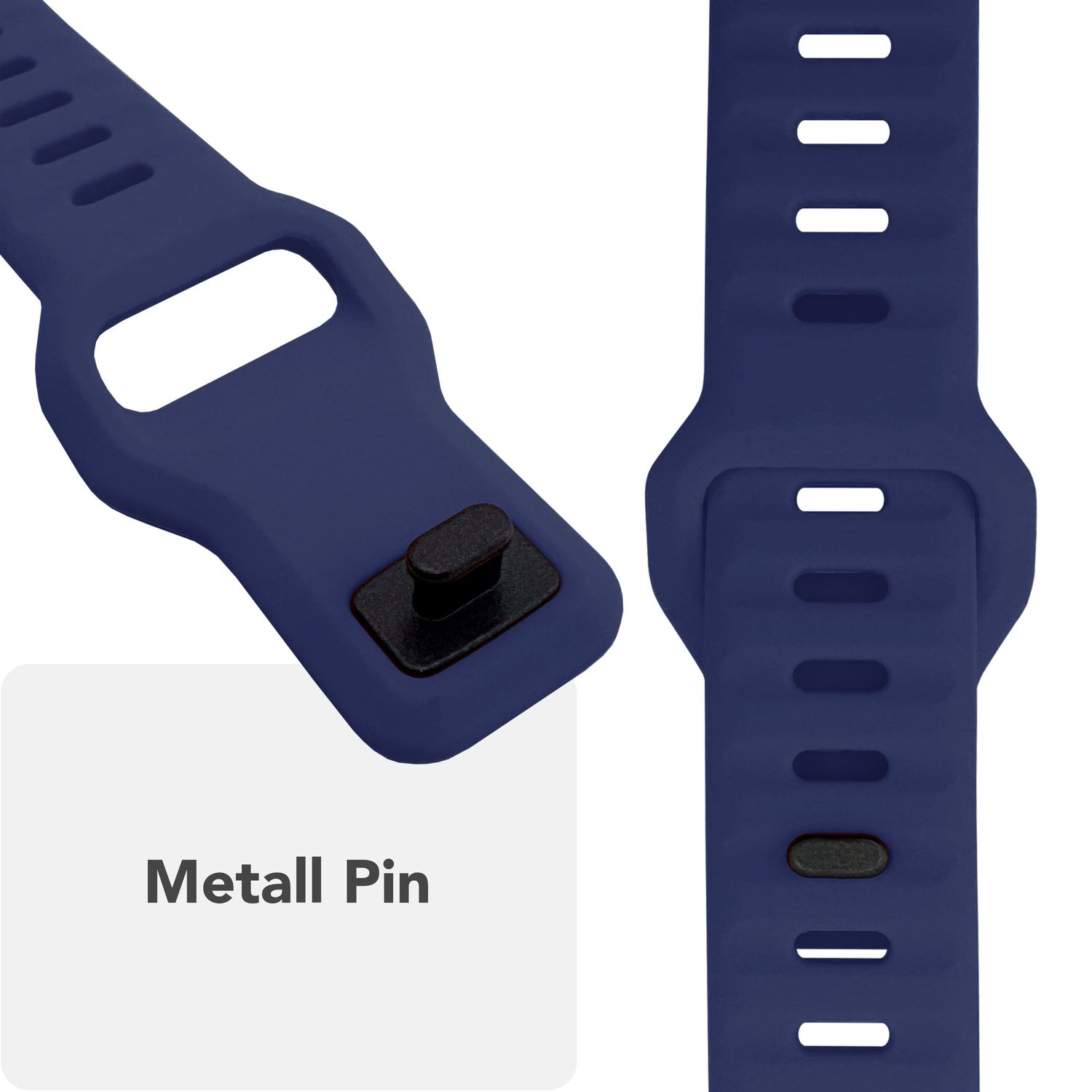 Nahaufnahme von Details des blauen Uhrenarmbands, mit Metallstift und Bandverbinder. Text links.