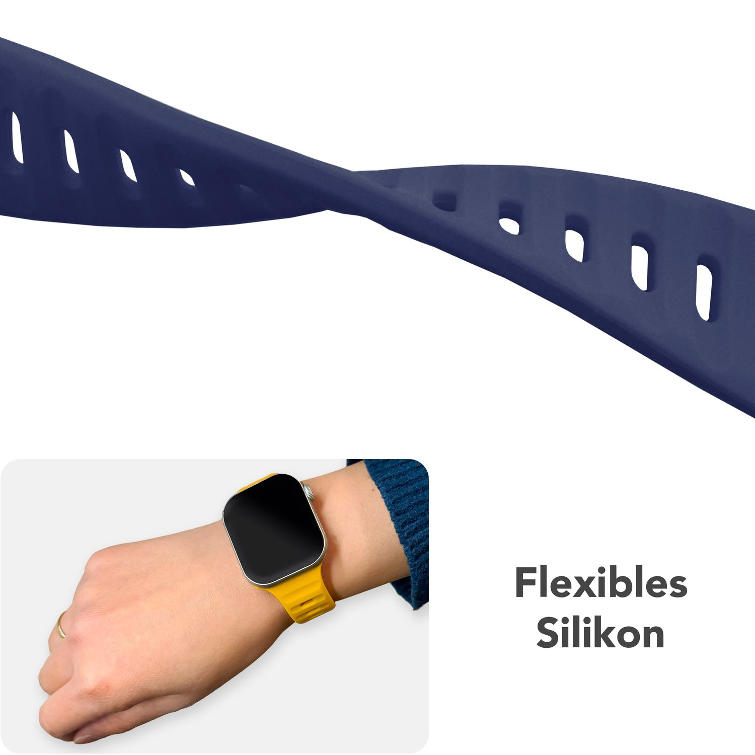 Ein blaues Uhrenarmband mit einer gelben Uhr am Handgelenk.