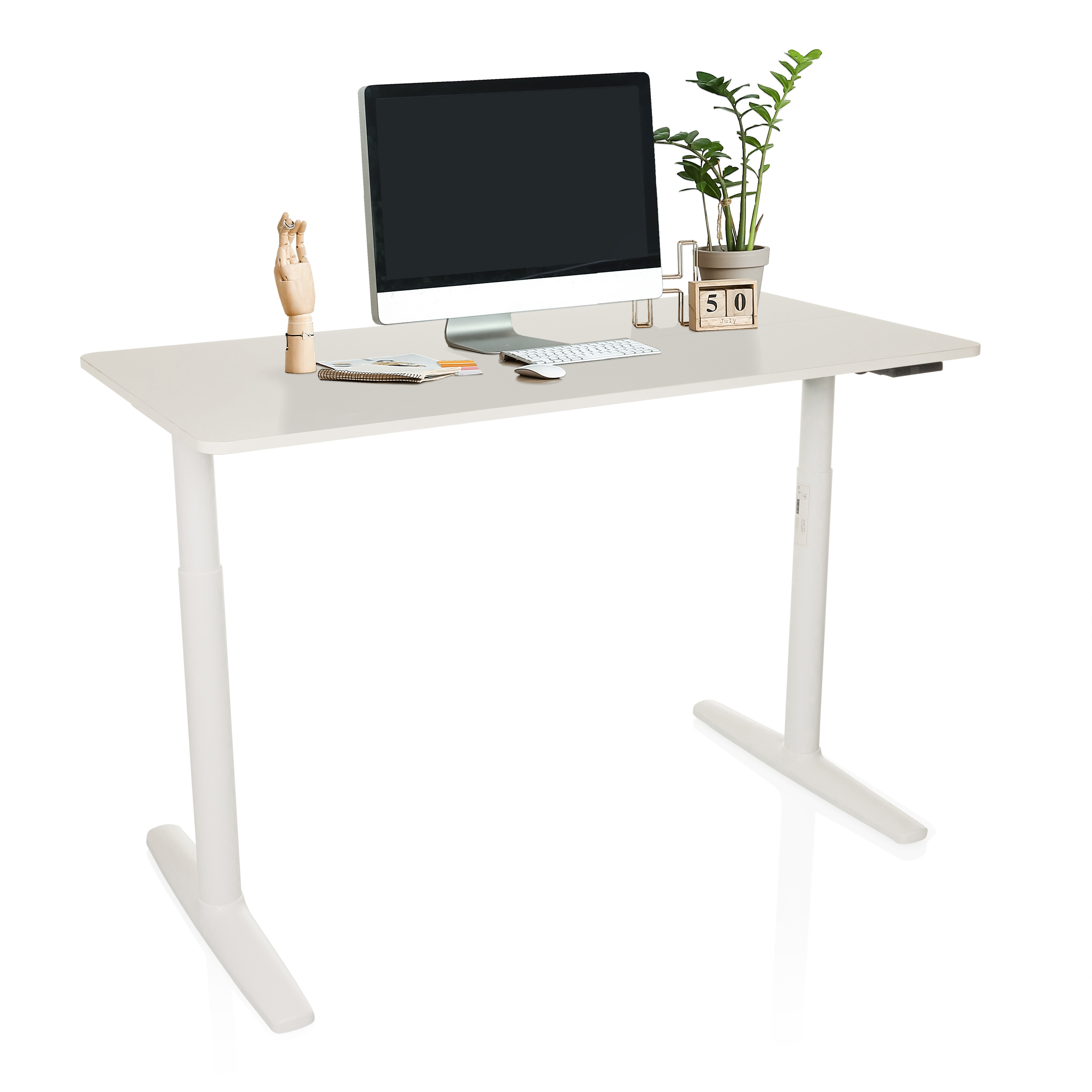 Weißer Stehtisch mit Computer, Pflanze und anderen Schreibtischartikeln.