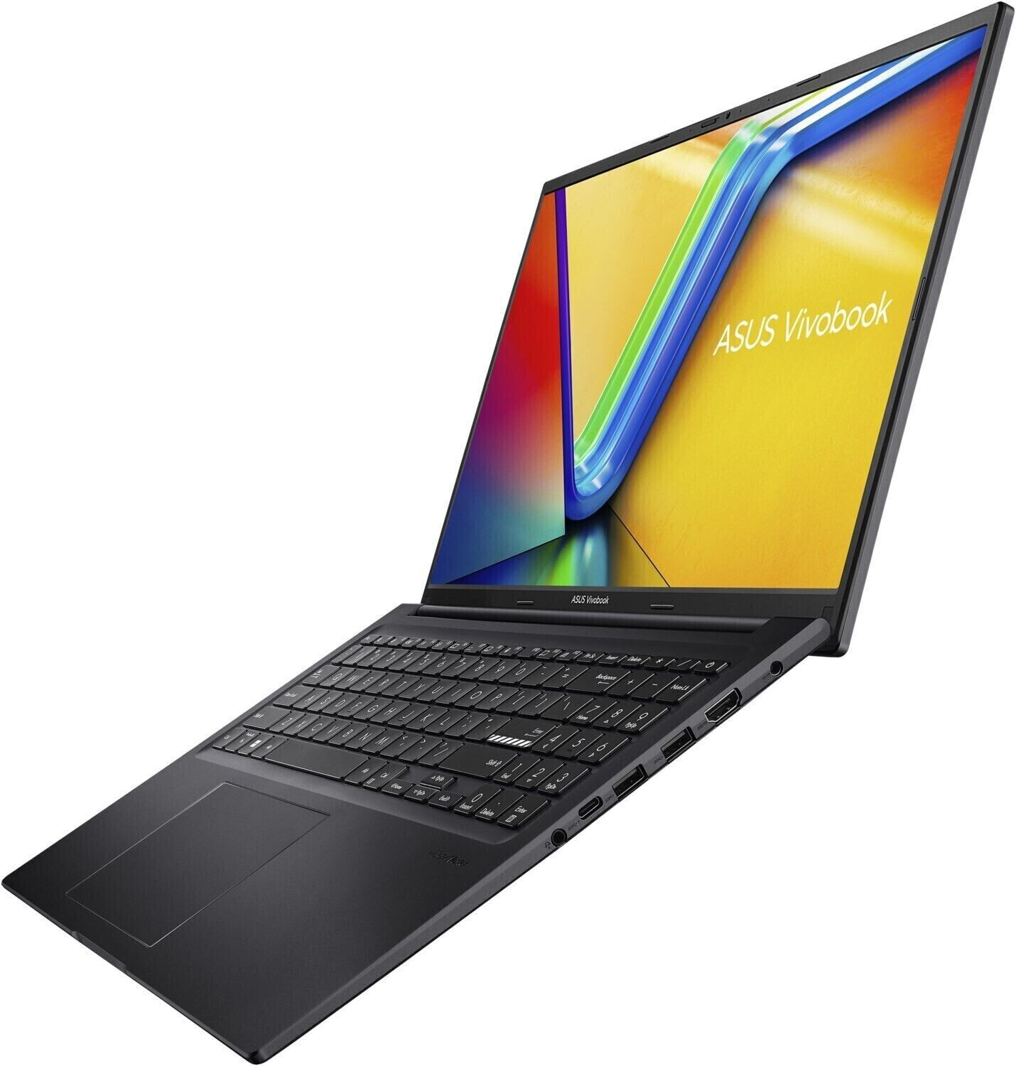 Schwarzer Laptop mit farbenfrohem Bildschirm, schräg, auf weißem Hintergrund.