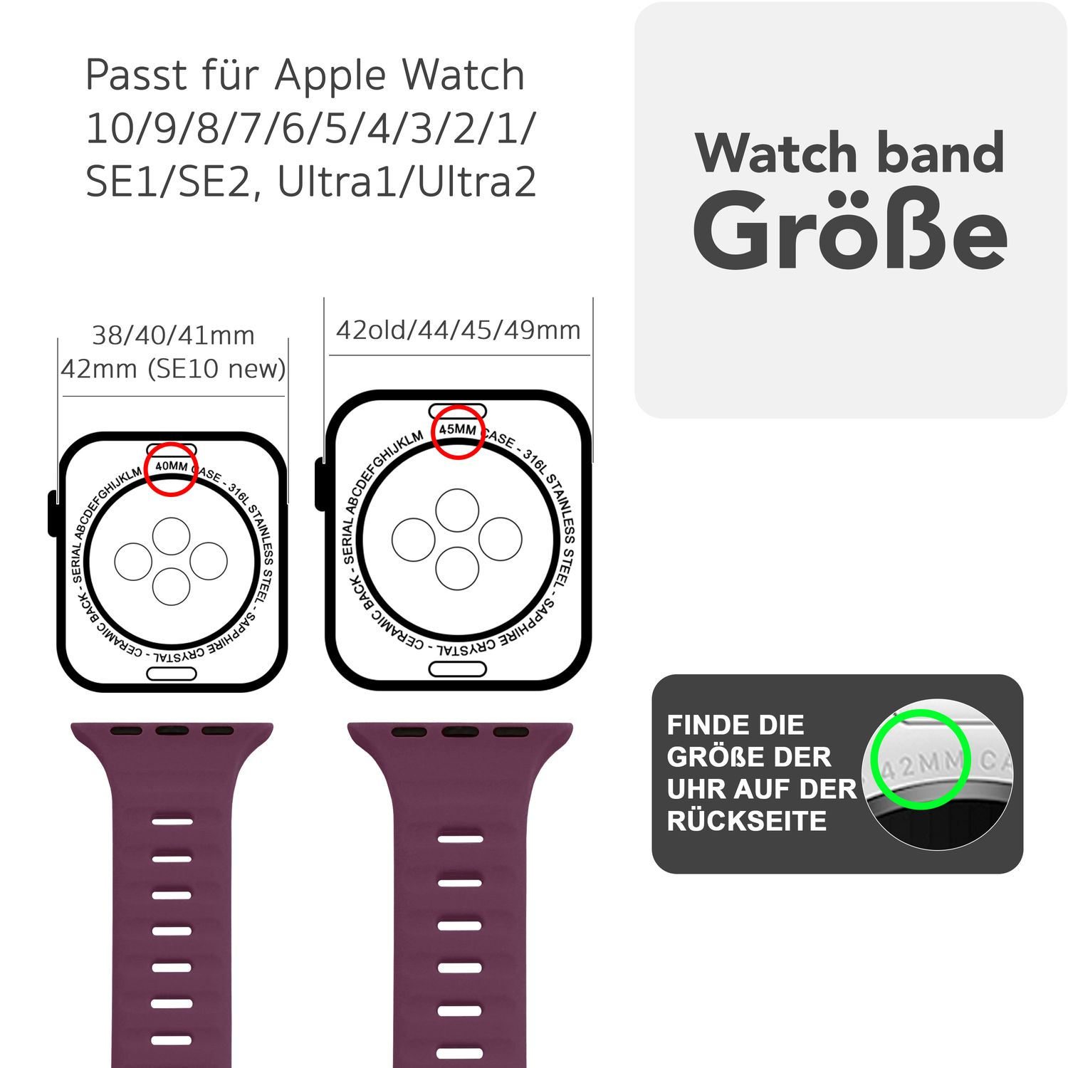 Diagramm der Uhrenarmbandgrößen für Apple Watch, lila Bänder.
