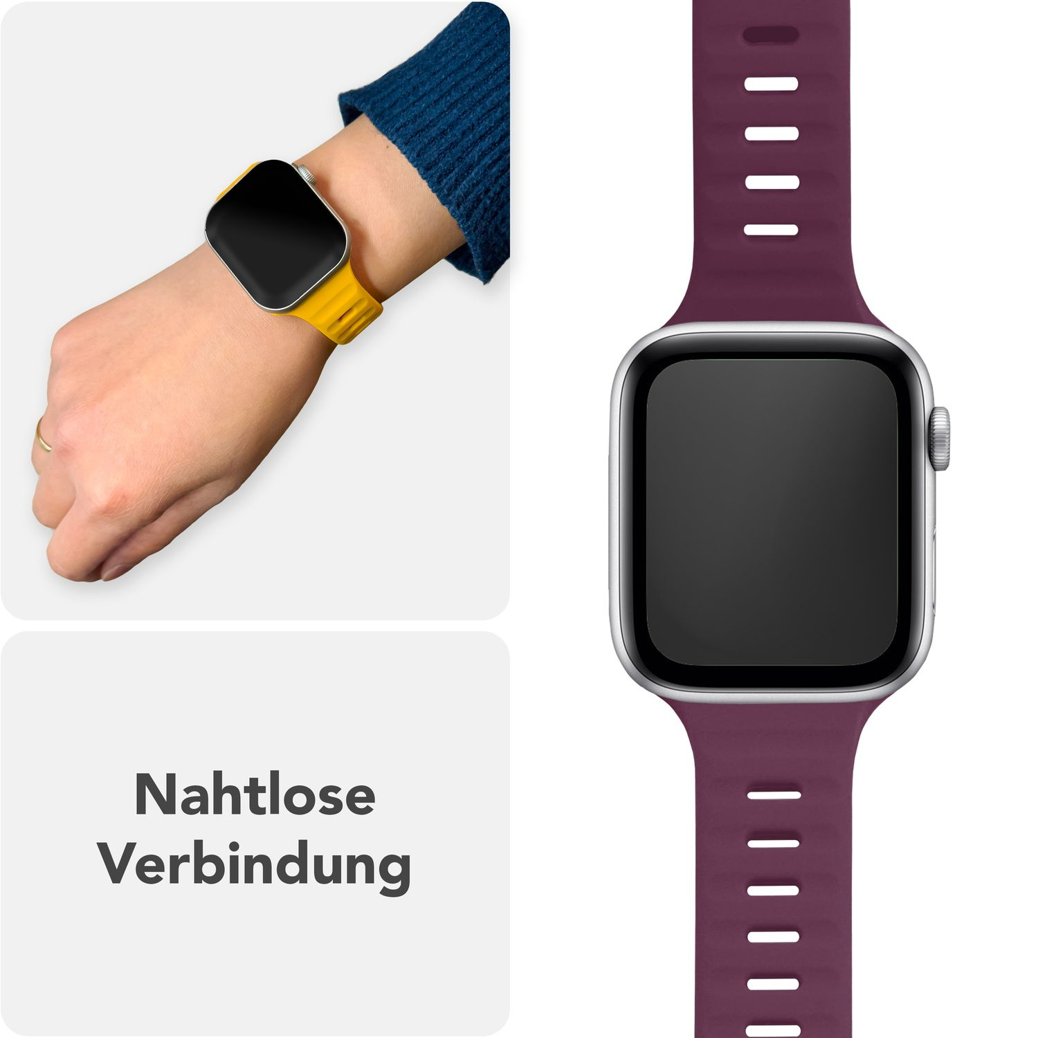 Ein lila Uhrenarmband am Handgelenk und eine Uhr auf weißem Untergrund.