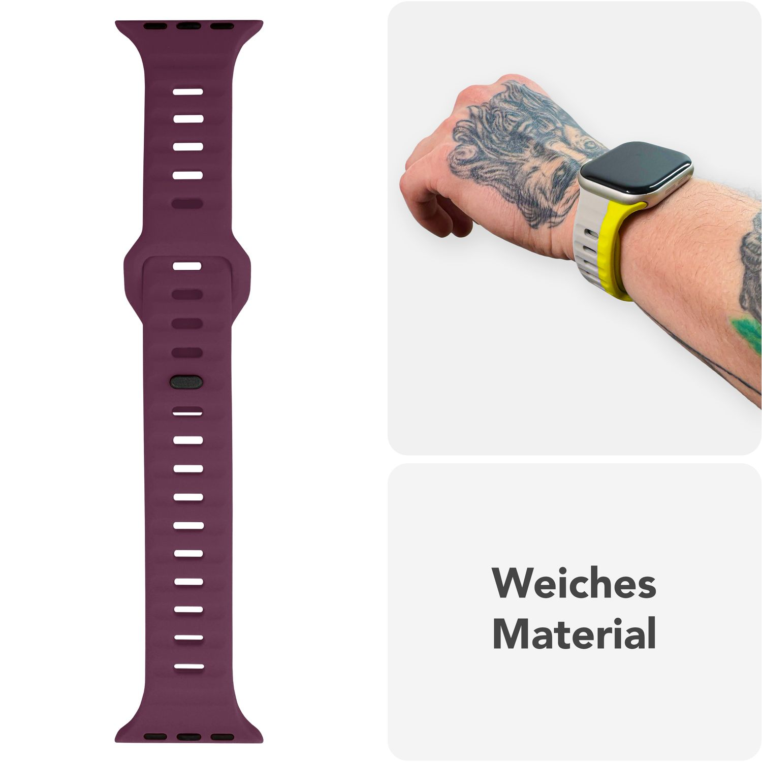 Ein pflaumenfarbenes Uhrenarmband und ein Handgelenk mit einer Uhr mit gelben und weißen Bändern. Text: 'Weiches Material'.