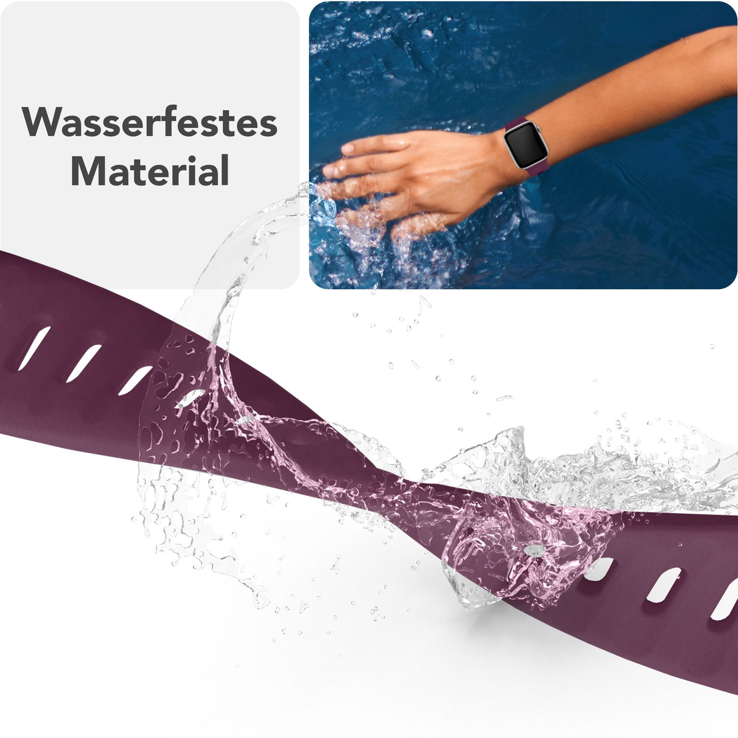 Ein lila Uhrenarmband mit Wasserspritzern, einer Uhr und Text.
