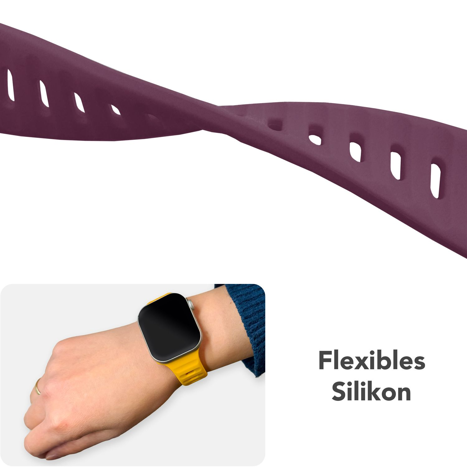 Ein lila Uhrenarmband wird gezeigt. Eine Person trägt es am Handgelenk mit einer gelben Uhr.
