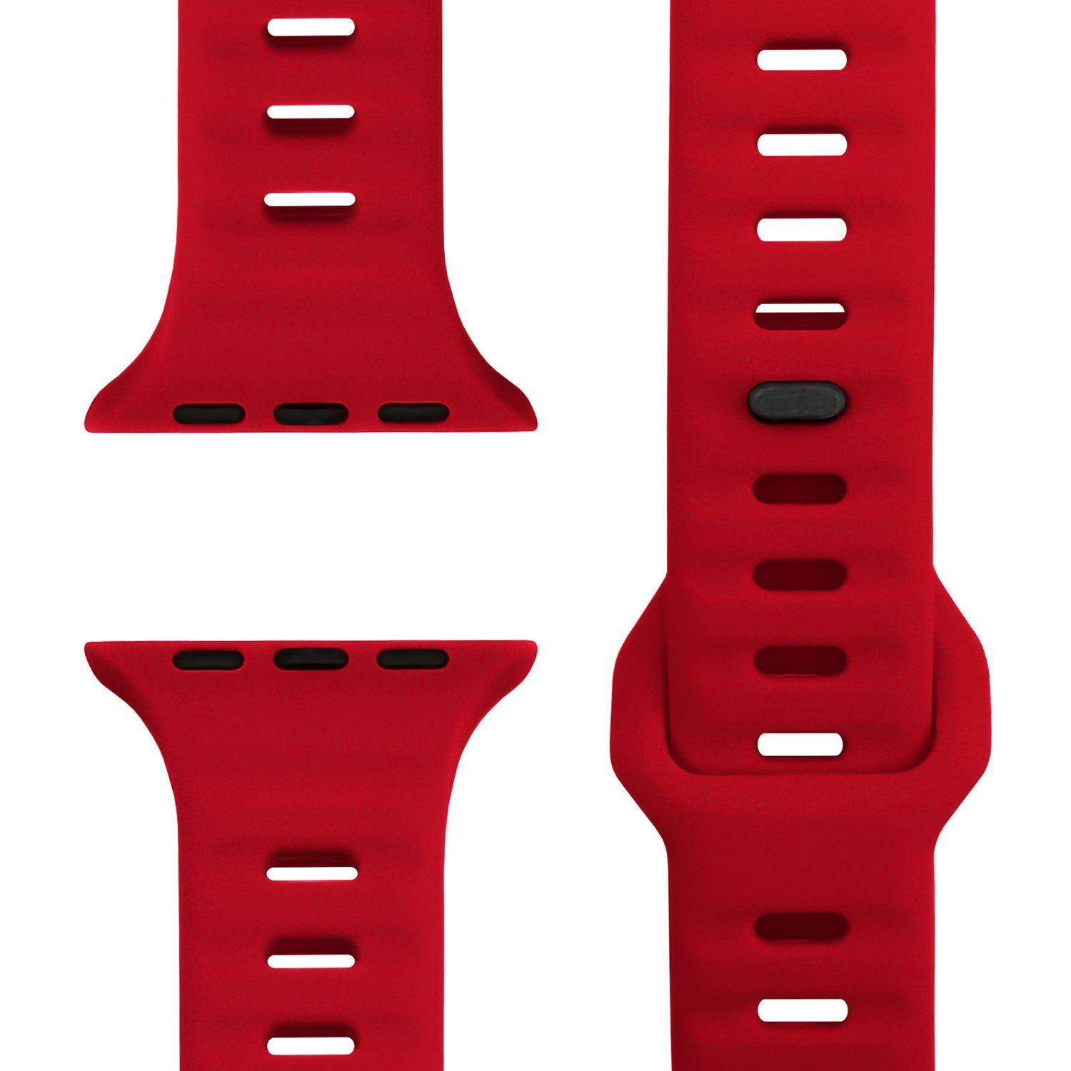 Nahaufnahme von roten Uhrenarmbändern. Das Design zeigt Gurtabschnitte.