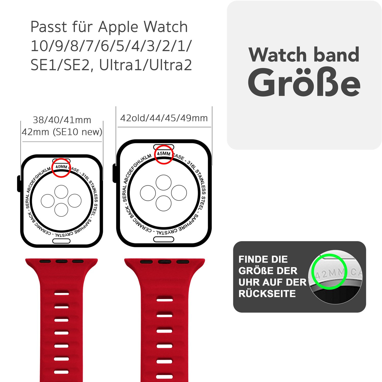 Rote Apple Watch-Armbänder mit Größenangaben. Text auf Deutsch. Der Hintergrund ist weiß.