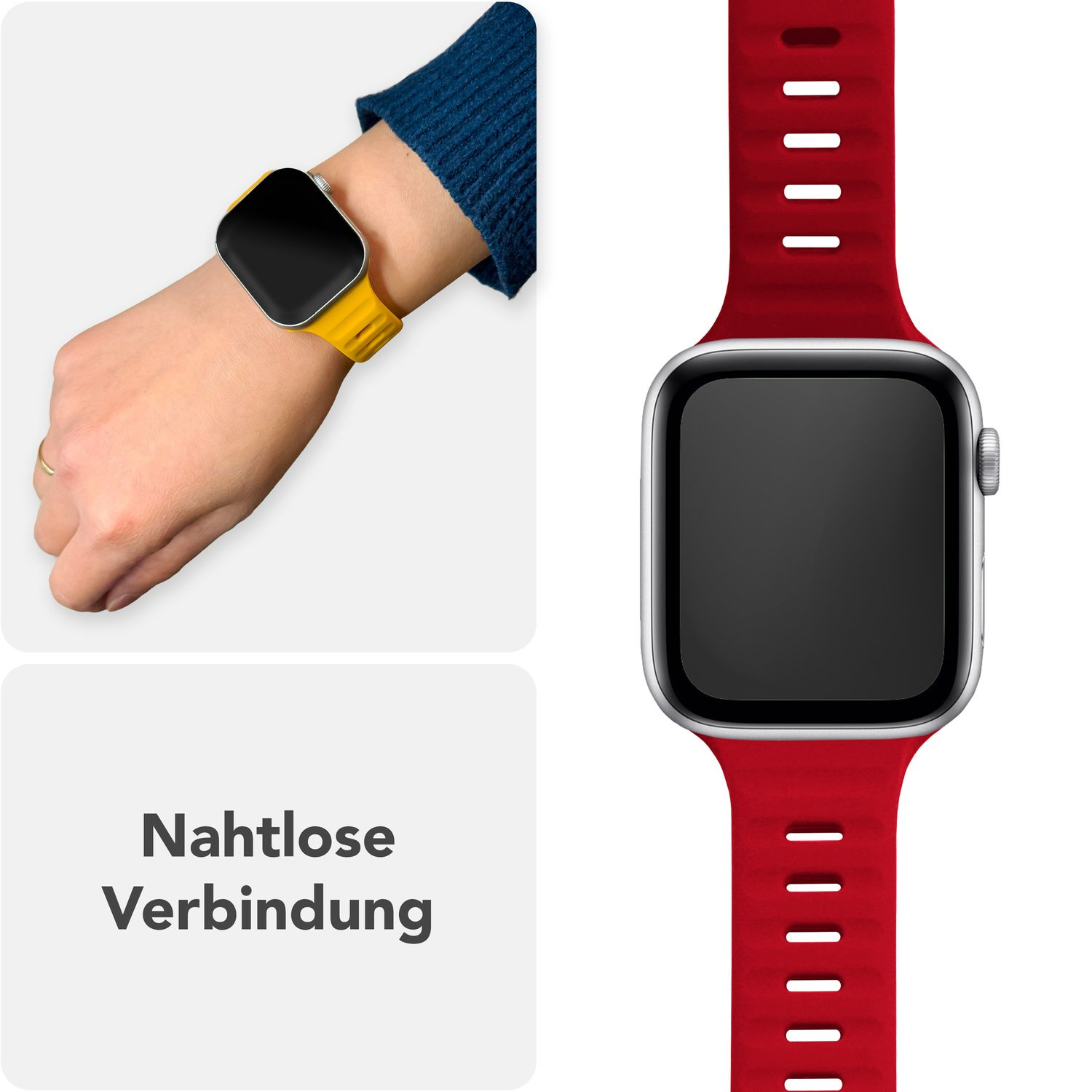 Eine Person trägt ein gelbes Armband. Ein rotes Armband rechts.