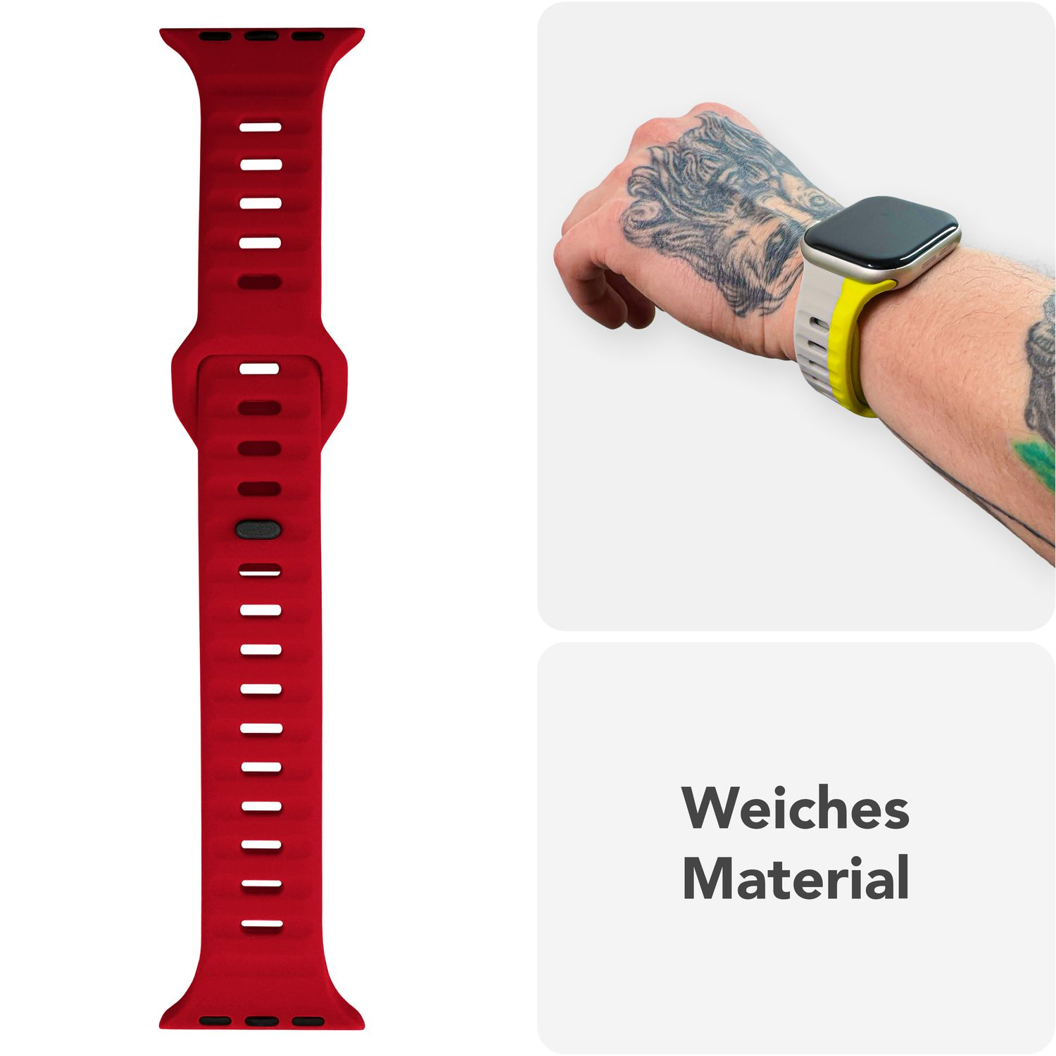 Ein rotes Uhrenarmband und eine Person, die eine gelbe Uhr trägt. Tattoos sind am Arm sichtbar.