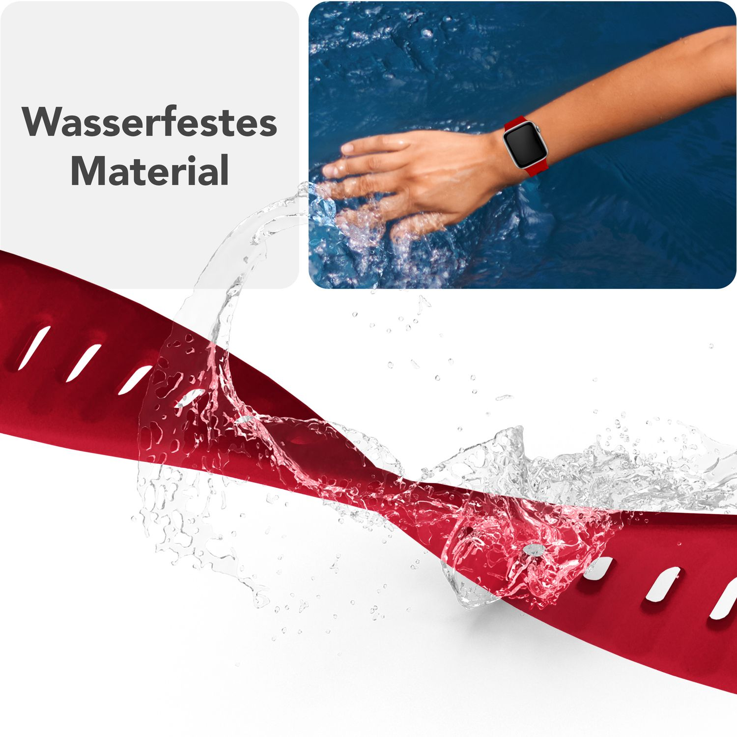 Ein rotes Uhrenarmband mit Wassertropfen und eine Hand mit einer roten Uhr, mit dem Text 'Wasserdicht'.