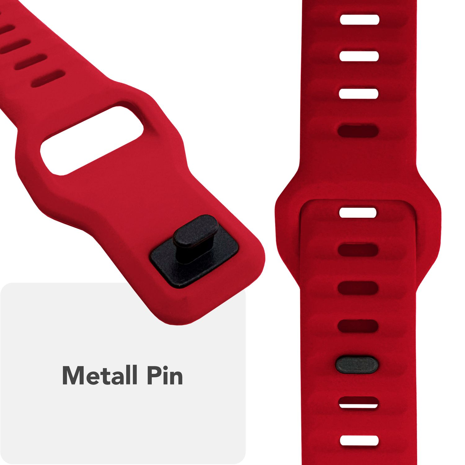Nahaufnahme eines roten Uhrenarmbands mit einem schwarzen Metallstift.