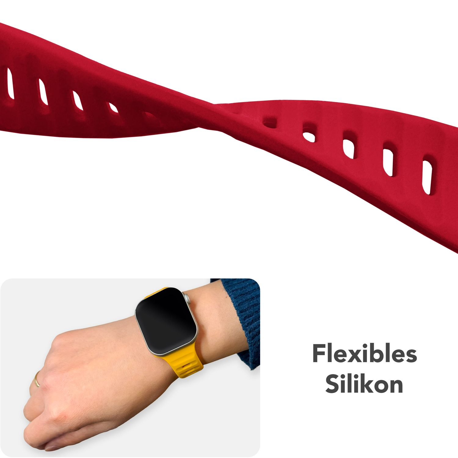 Ein lila Uhrenarmband wird gebogen. Es wird an einem Handgelenk mit einer gelben Uhr getragen.
