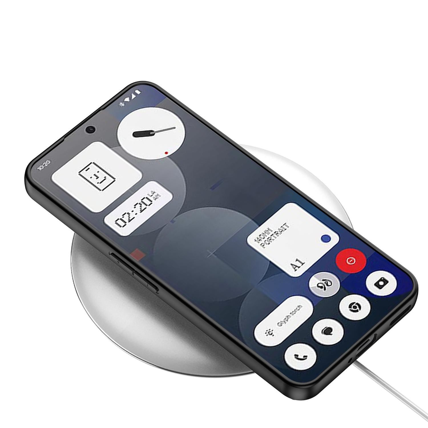 Ein schwarzes Telefon auf einem kabellosen Ladegerät. Der Bildschirm zeigt eine Benutzeroberfläche.