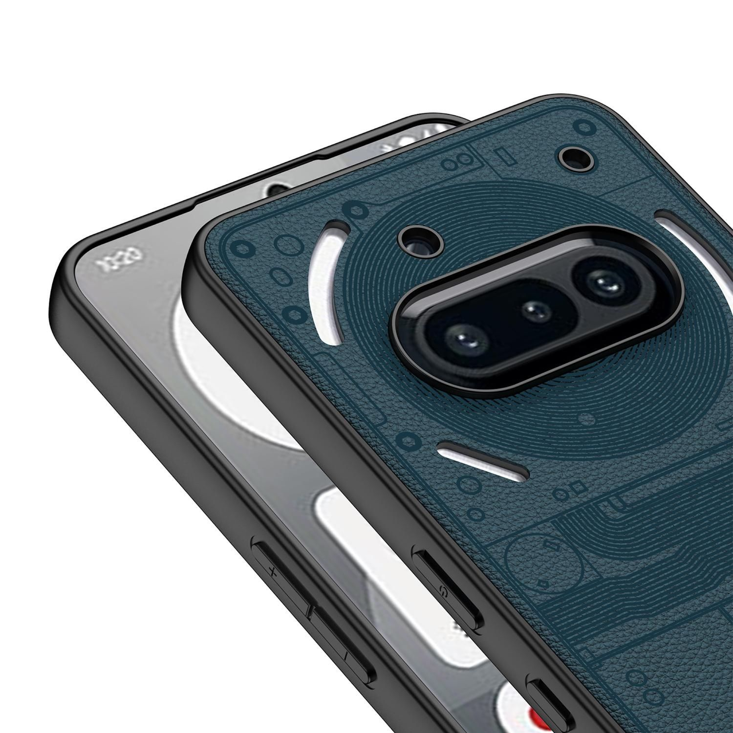 Eine schwarze Handyhülle mit einzigartigem Design, die die internen Komponenten des Telefons zeigt.