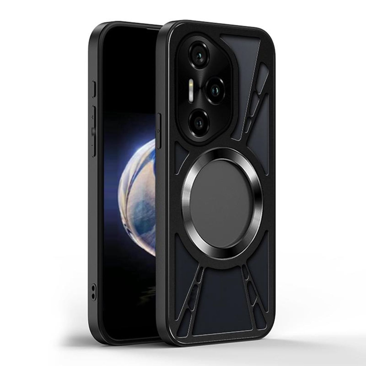 Una funda de teléfono negra con una protuberancia para la cámara en la parte posterior y un círculo plateado.