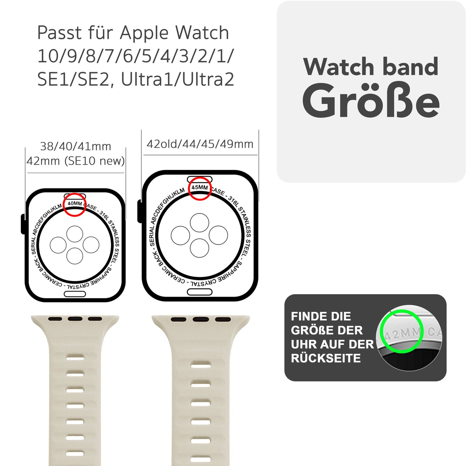 Ein Bild, das Apple Watch-Armbandgrößen mit Text zeigt.