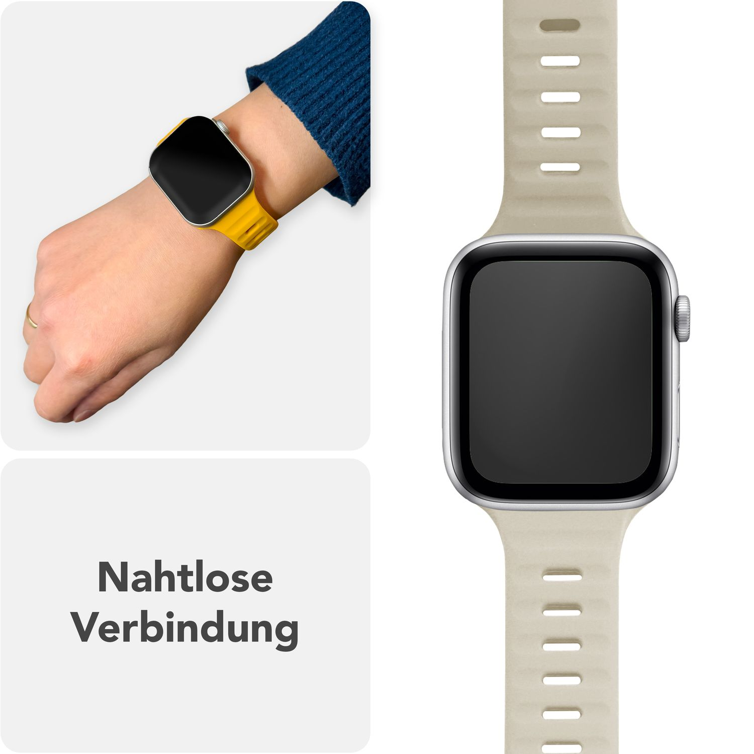 Uhr am Handgelenk mit gelbem Band und Nahaufnahme eines beigefarbenen Armbands.