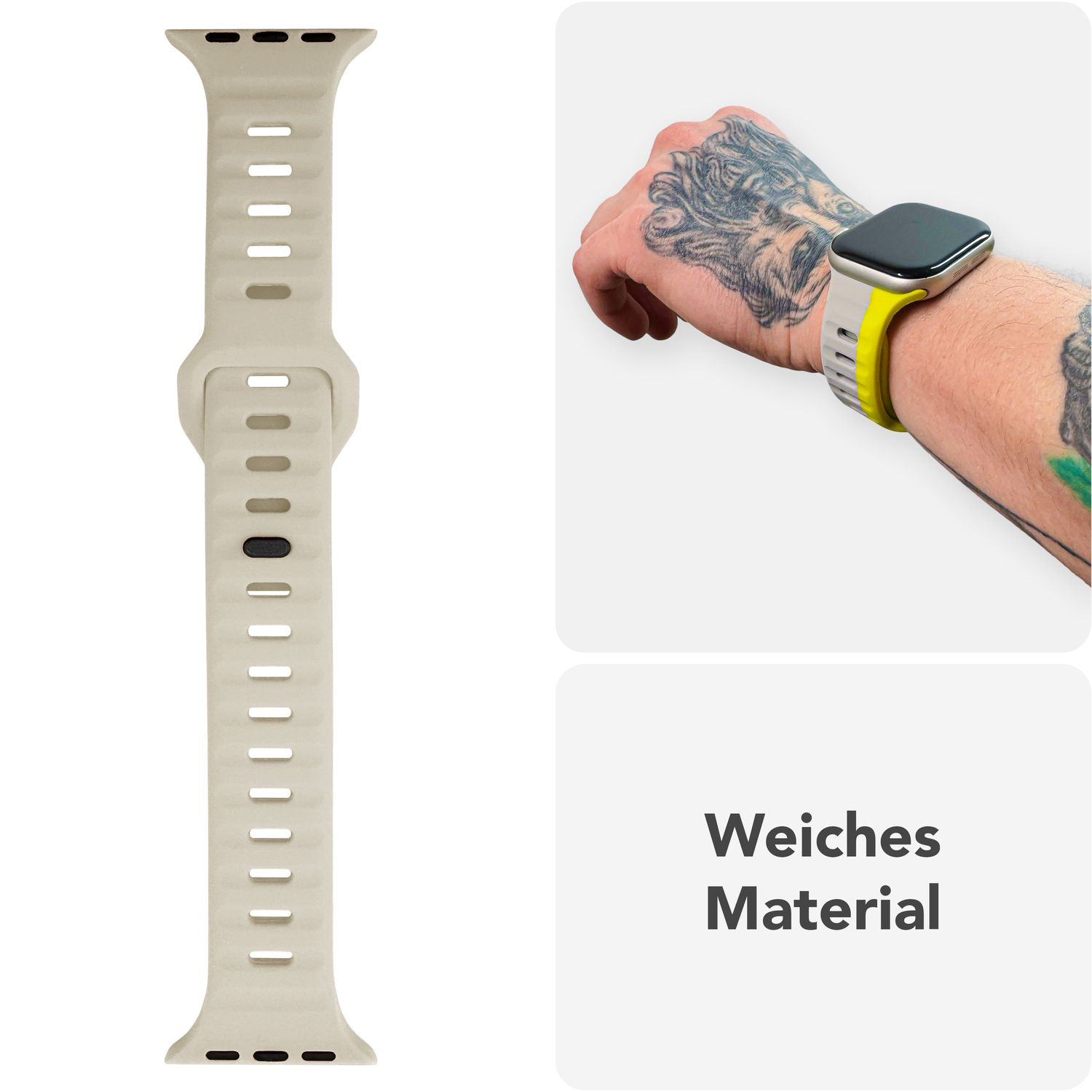 Ein hellbeige Uhrenarmband neben einem Bild eines Handgelenks mit Tätowierung. Das Band ist weiches Material.