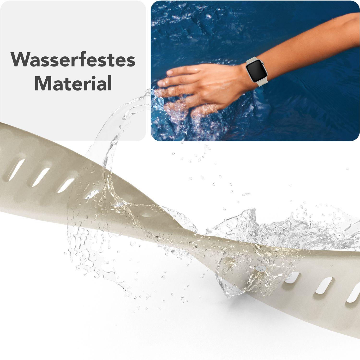 Wasser spritzt von einem beigefarbenen Uhrenarmband. Ein Handgelenk mit Uhr ist oben rechts.