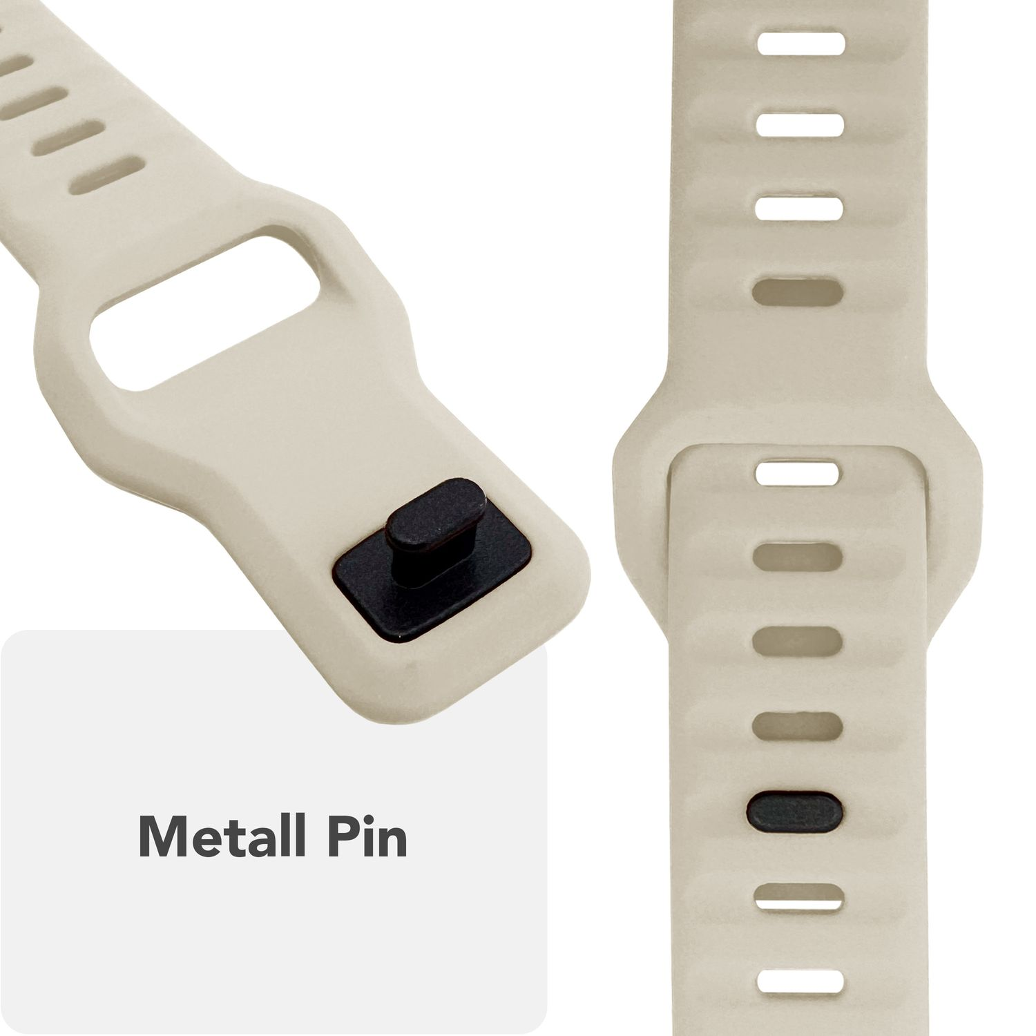 Nahaufnahme eines beigen Uhrenarmbands mit Metallstift und einer Reihe von Löchern.