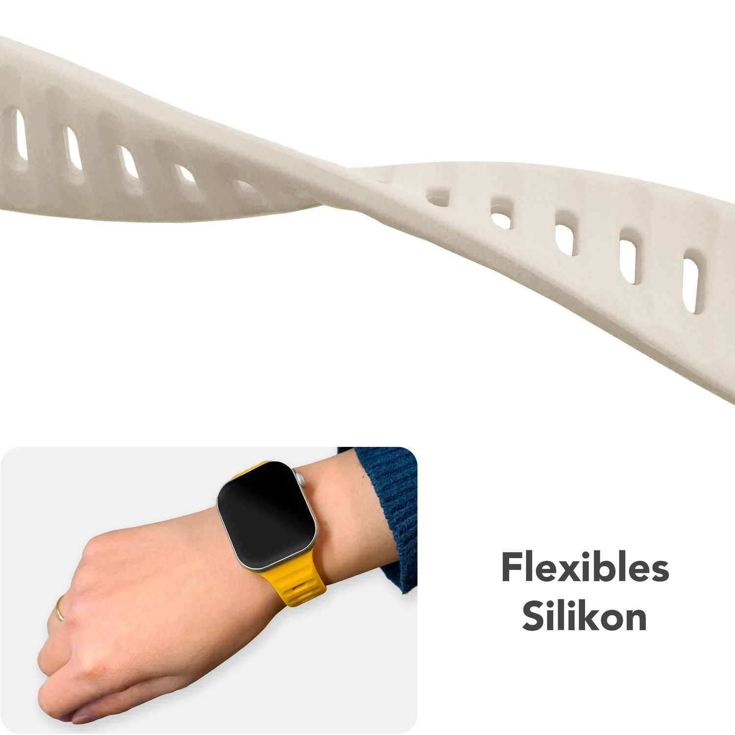 Nahaufnahme eines beigen Uhrenarmbands und eines Handgelenks mit einer gelben Uhr. Das Band ist flexibles Silikon.