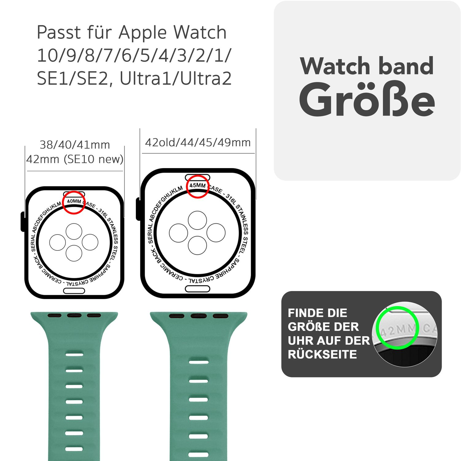 Grüne Uhrenarmbänder neben einer Abbildung, die die Uhrgröße zeigt. Die Uhrenarmbandgröße beträgt 42 mm.