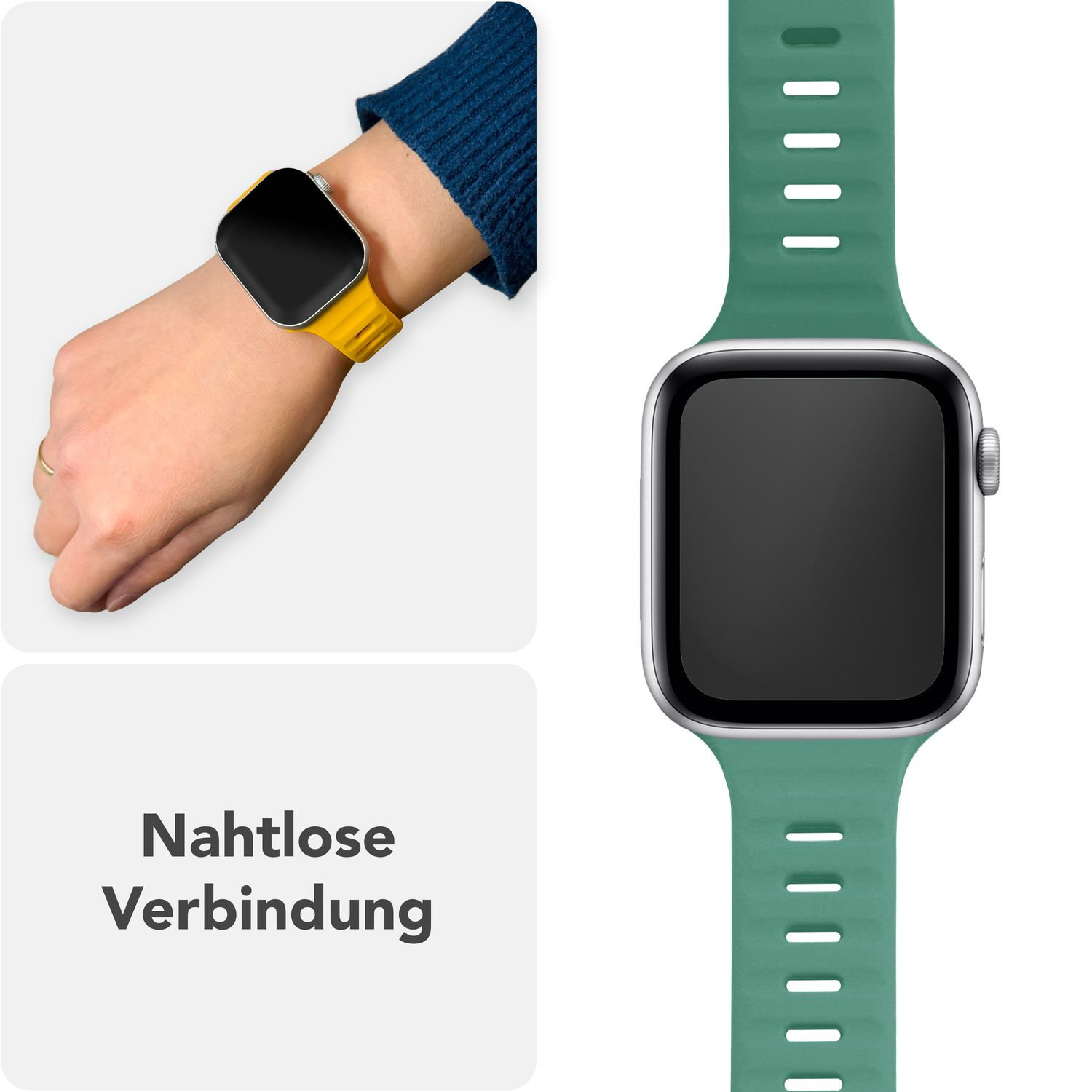 Ein grünes Uhrenarmband neben einem Handgelenk mit einer gelben Uhr. Das Band ist nahtlos.