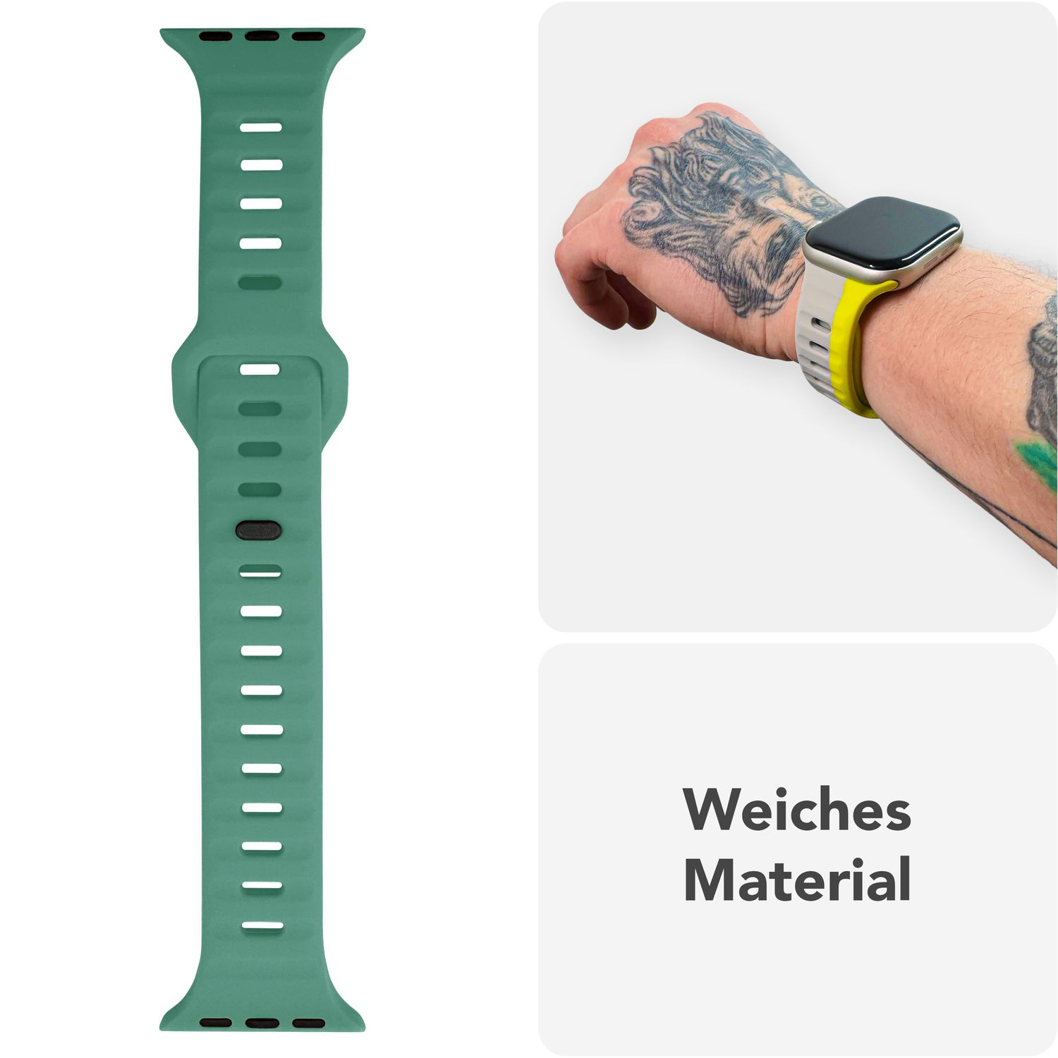 Grünes Uhrenarmband. Person trägt es, zeigt gelbe und schwarze Uhr.