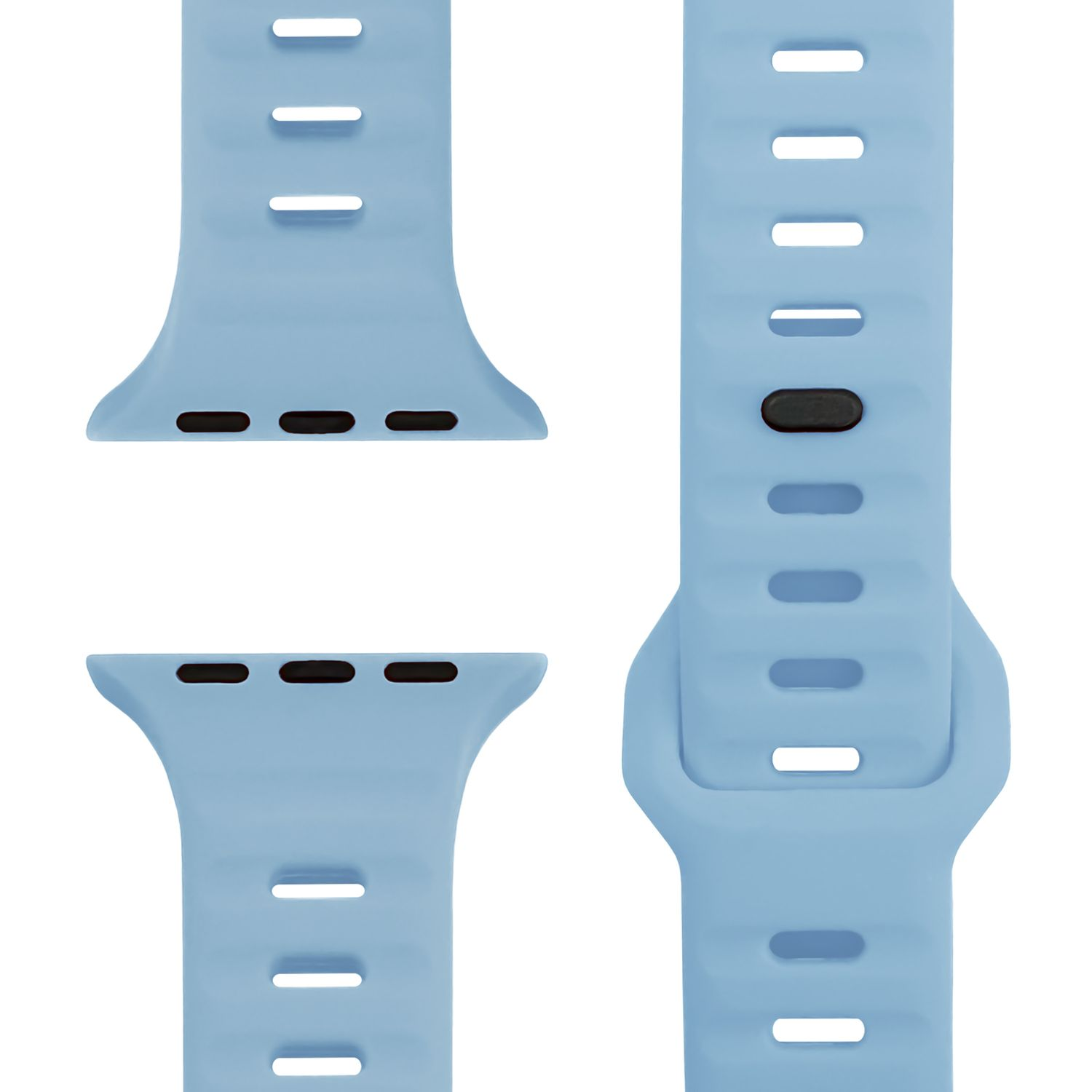 Drei hellblaue Uhrenarmbänder. Sie sind separate Teile, aus denen das komplette Uhrenarmband besteht.