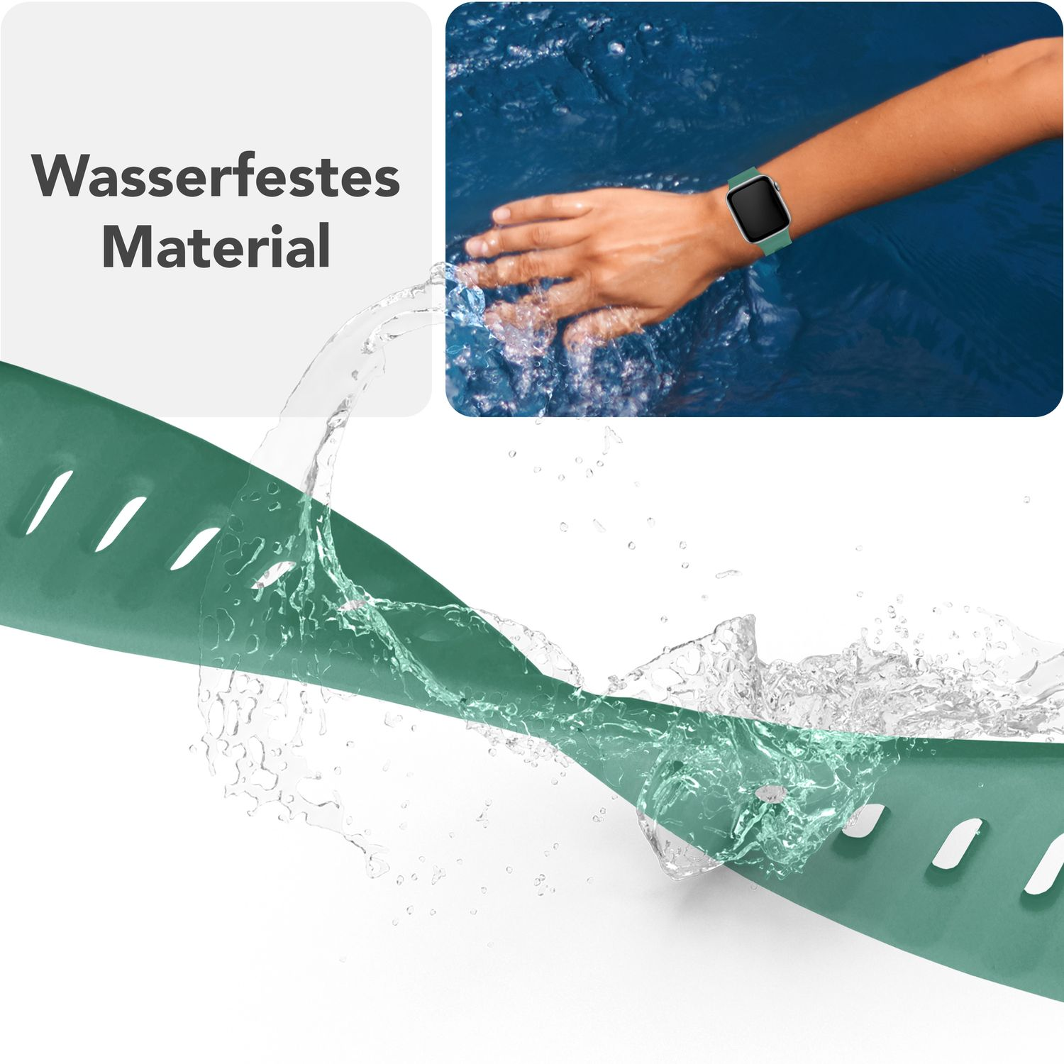 Ein grünes Uhrenarmband mit Wasserspritzern und ein Handgelenk, das das Armband im Wasser trägt. Wasserdichtes Material.
