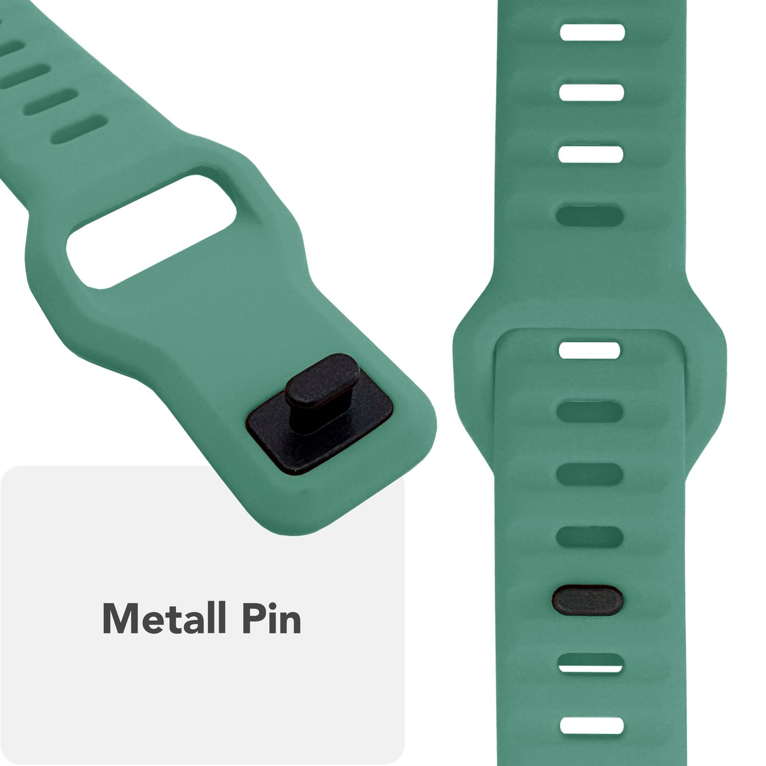 Nahaufnahme eines grünen Uhrenarmbands mit Metallstift und einer Reihe von Löchern.