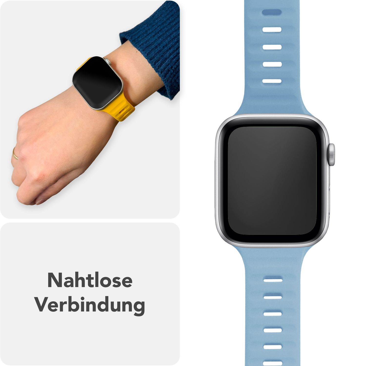 Ein blaues Uhrenarmband neben einem Handgelenk mit einer gelben Uhr. Das Band ist nahtlos.
