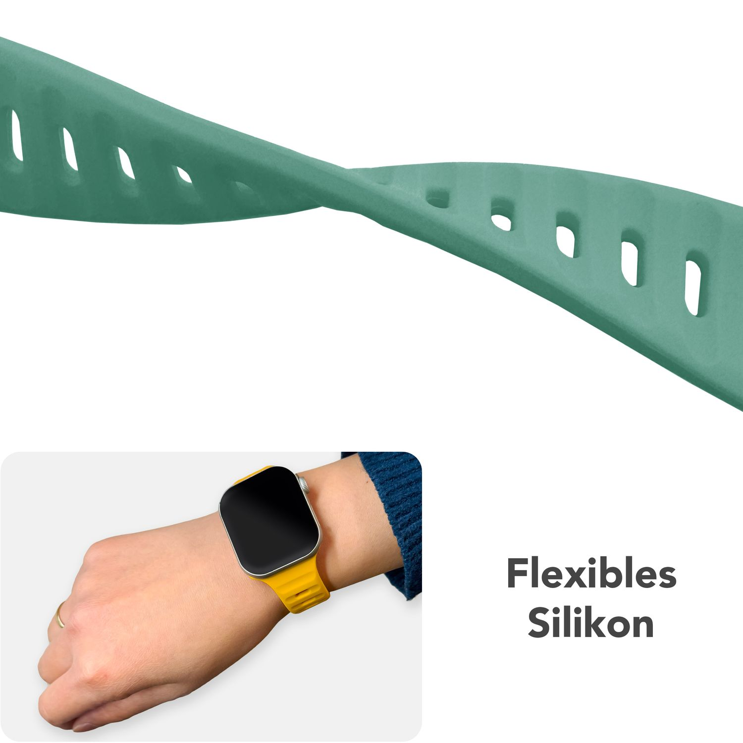 Grünes Silikon-Uhrenarmband. Ein Handgelenk mit gelber Uhr daneben. Text: Flexibles Silikon.