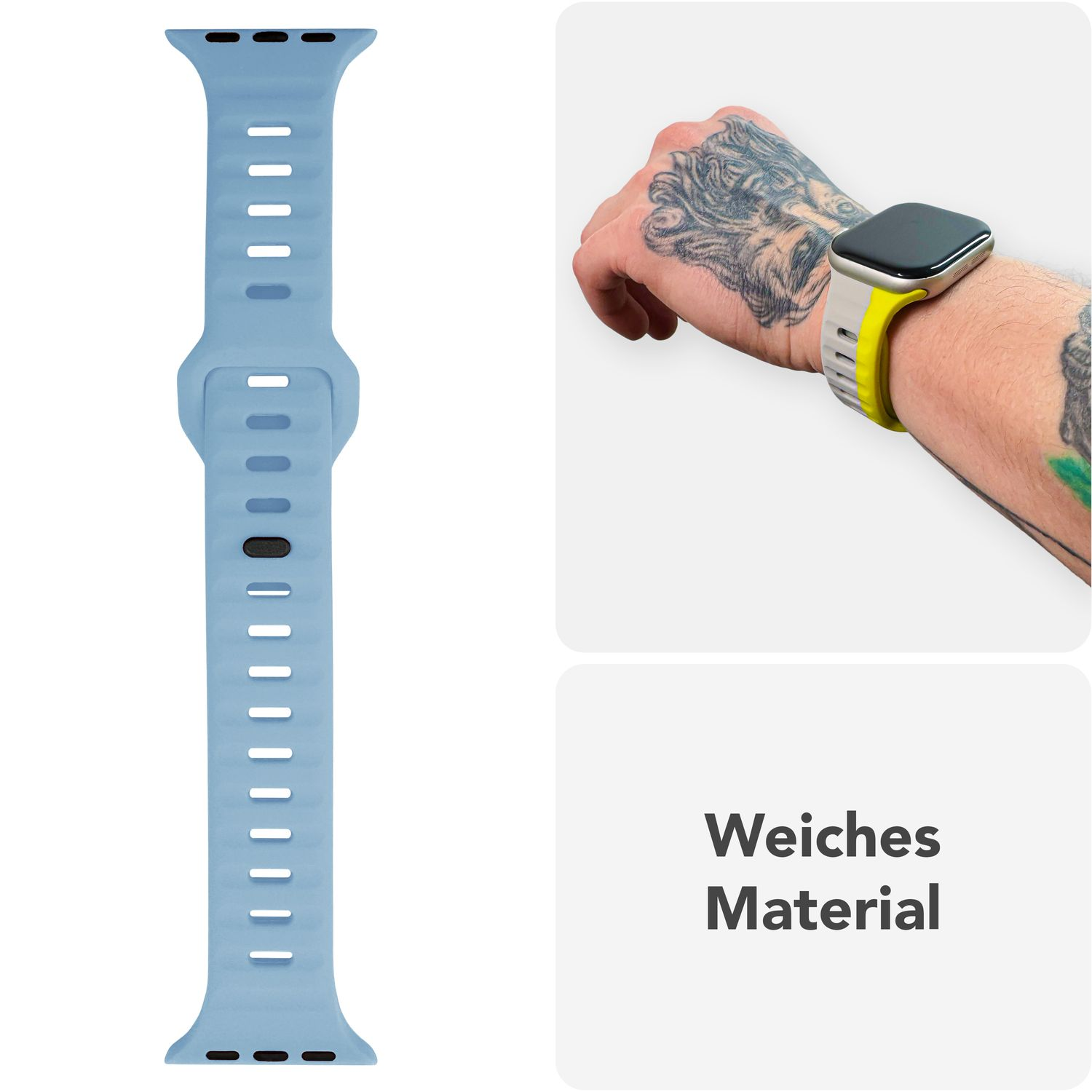 Ein hellblaues Uhrenarmband neben einem Bild eines Handgelenks mit Tätowierung. Das Band ist weiches Material.