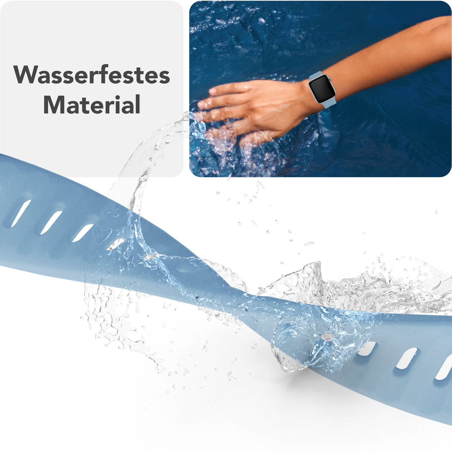Ein blaues Uhrenarmband mit Wasserspritzern und ein Handgelenk, das das Armband im Wasser trägt. Wasserdichtes Material.