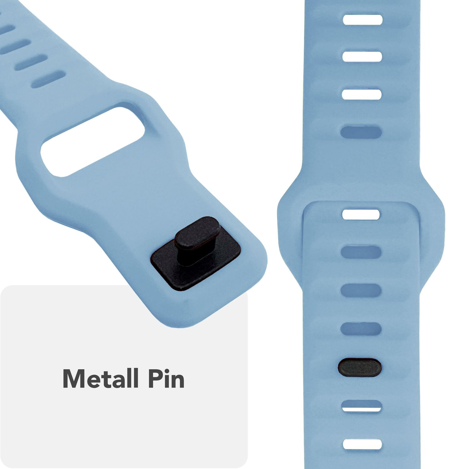 Nahaufnahme eines blauen Uhrenarmbands mit Metallstift und einer Reihe von Löchern.