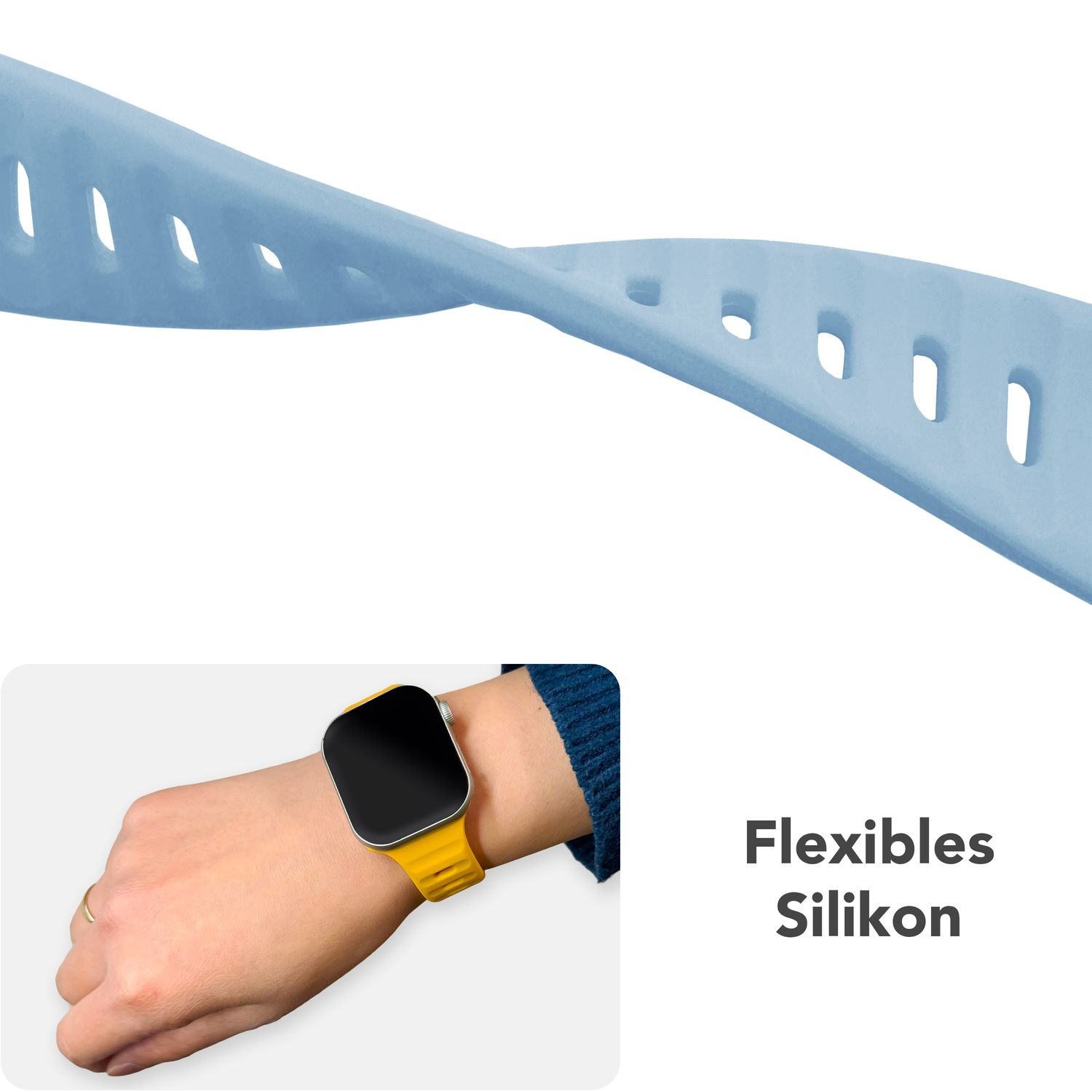 Hellblaues Silikon-Uhrenarmband. Ein Handgelenk mit gelber Uhr daneben. Text: Flexibles Silikon.