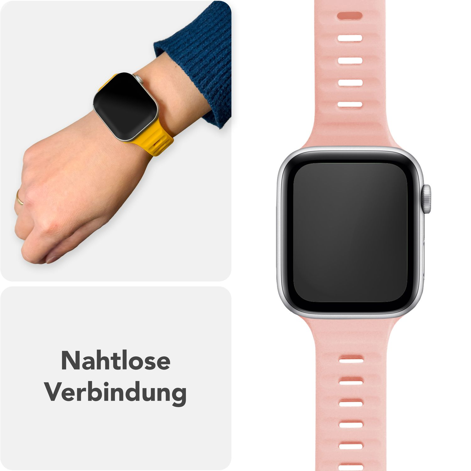 Rosafarbenes Uhrenarmband am Handgelenk mit schwarzer und gelber Uhr. Text: Nahtlose Verbindung.