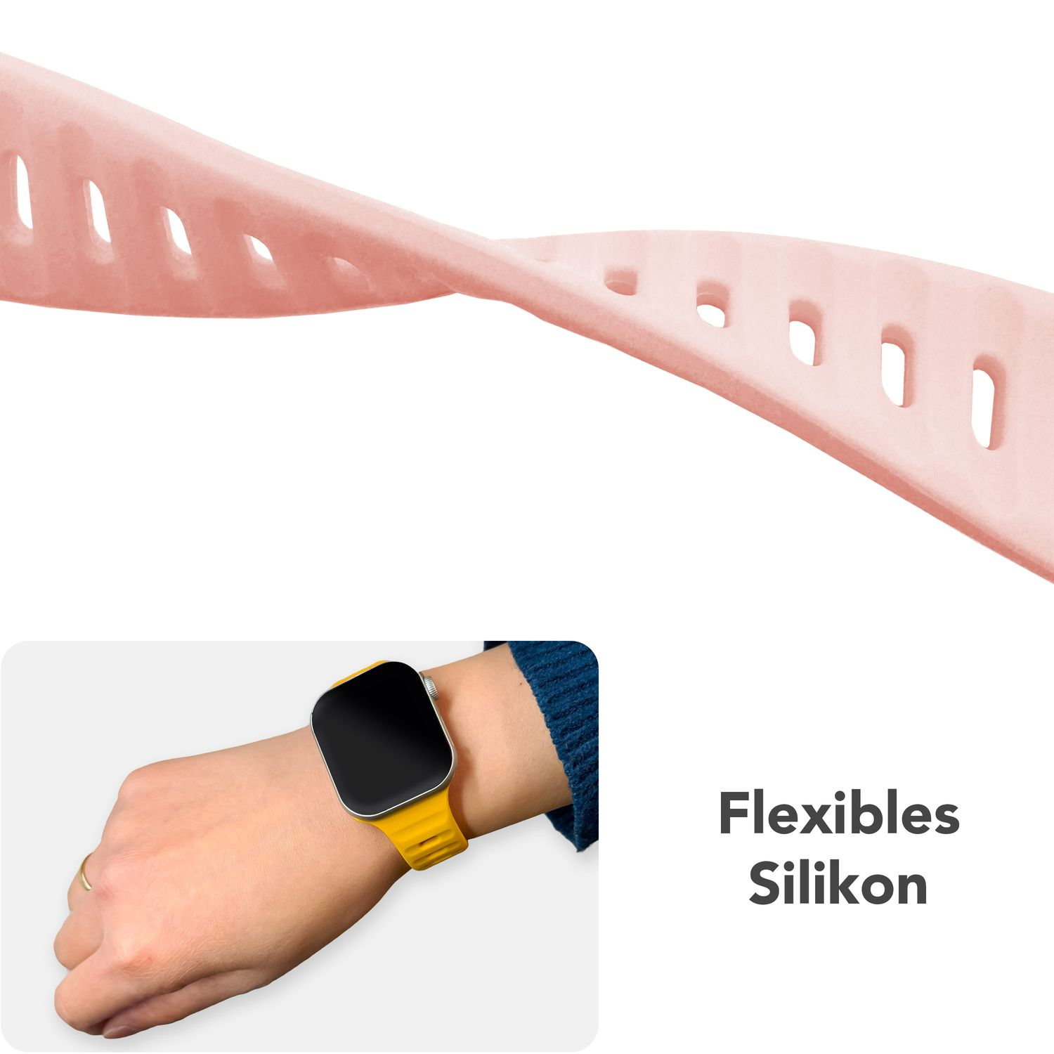 Ein rosa Uhrenarmband und ein Handgelenk mit einer Uhr mit schwarzem Bildschirm und gelbem Band. Text: 'Flexibles Silikon'.