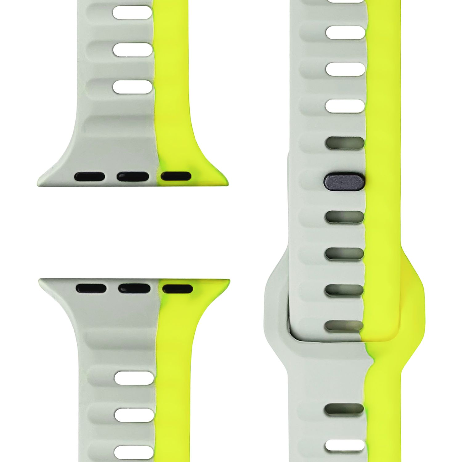 Graues und gelbes Uhrenarmband mit zweifarbigem Muster und drei Segmenten.