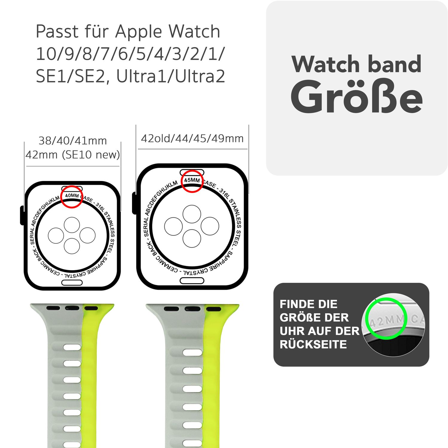 Diagramm mit Apple Watch-Größen und einem Uhrenarmband.
