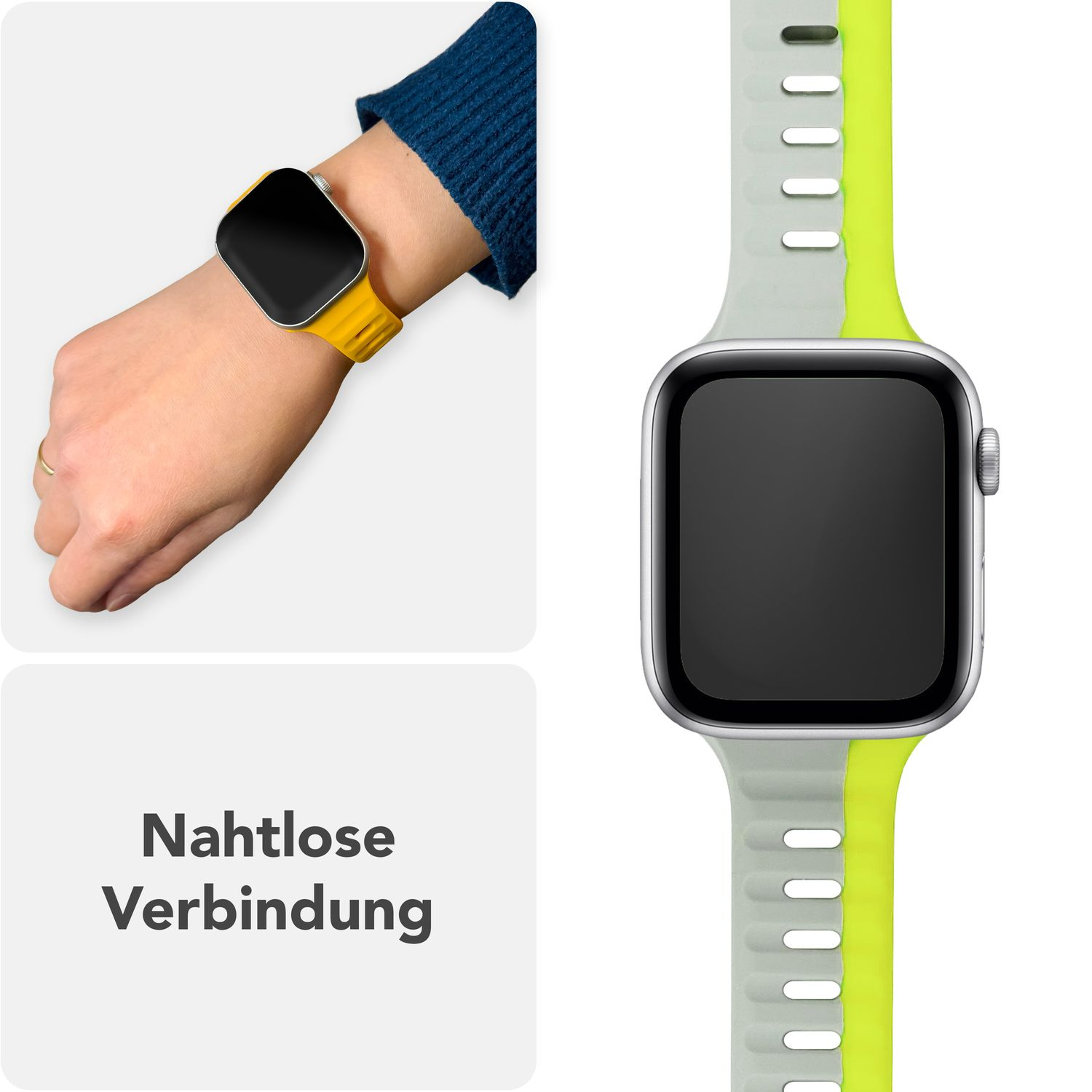 Graues und gelbes Uhrenarmband an einem Handgelenk mit einer schwarzen und gelben Uhr. Text: Nahtlose Verbindung.